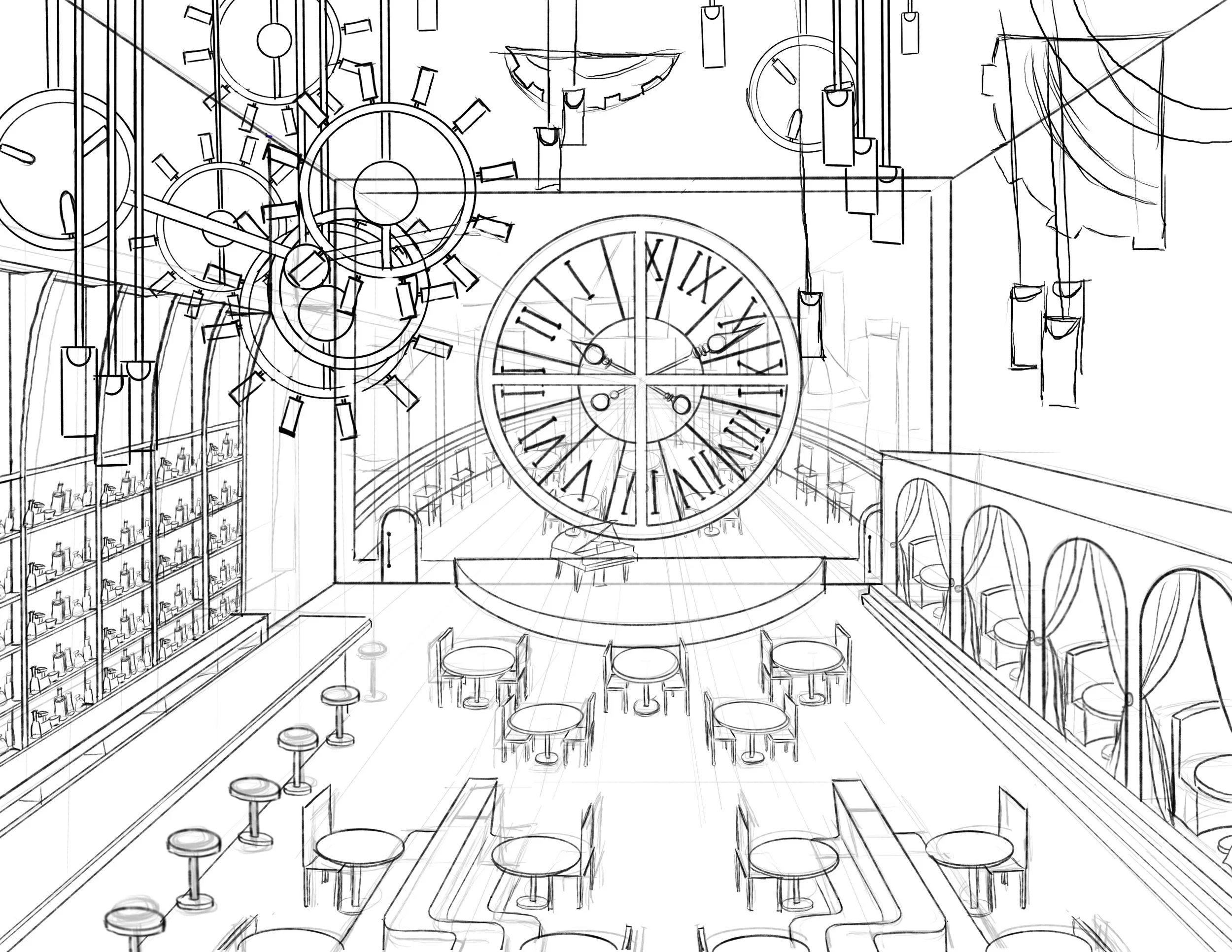 Concept design of a jazz bar located in an abandoned clock tower
