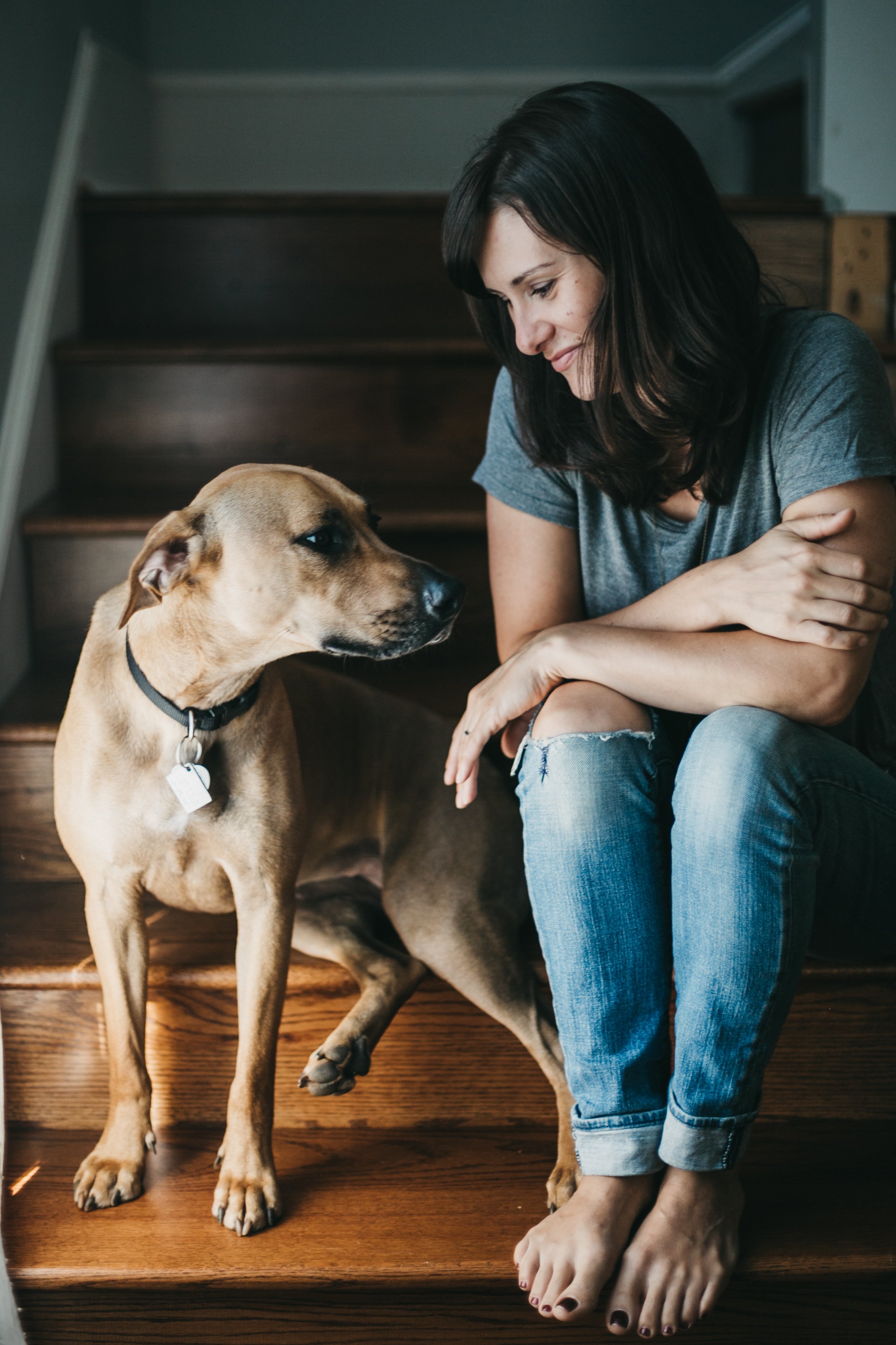 A woman sitting on wooden stairs with a tan dog, looking at each other.