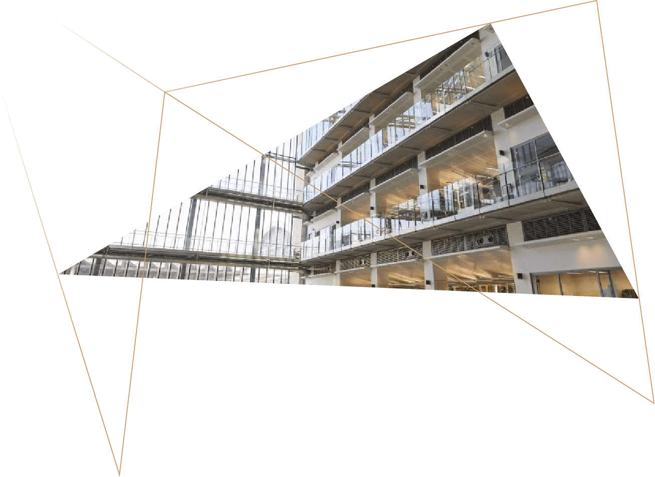 Interior view of a modern multi-story building with glass walls, visible offices, and open spaces, taken from a low angle.