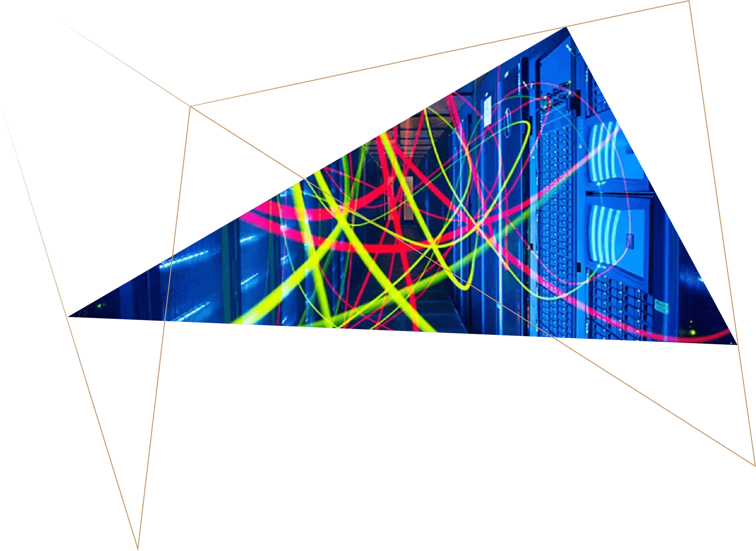 Digital rendering of a server room with colorful neon laser streaks crossing in front, partially covered by 3D wireframe shapes.