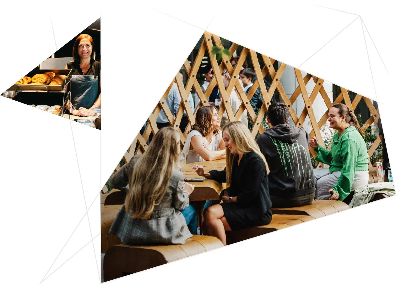 A woman smiling behind a bakery display with baked goods on the left, and a group of friends socializing at an outdoor venue with a wooden lattice backdrop on the right.