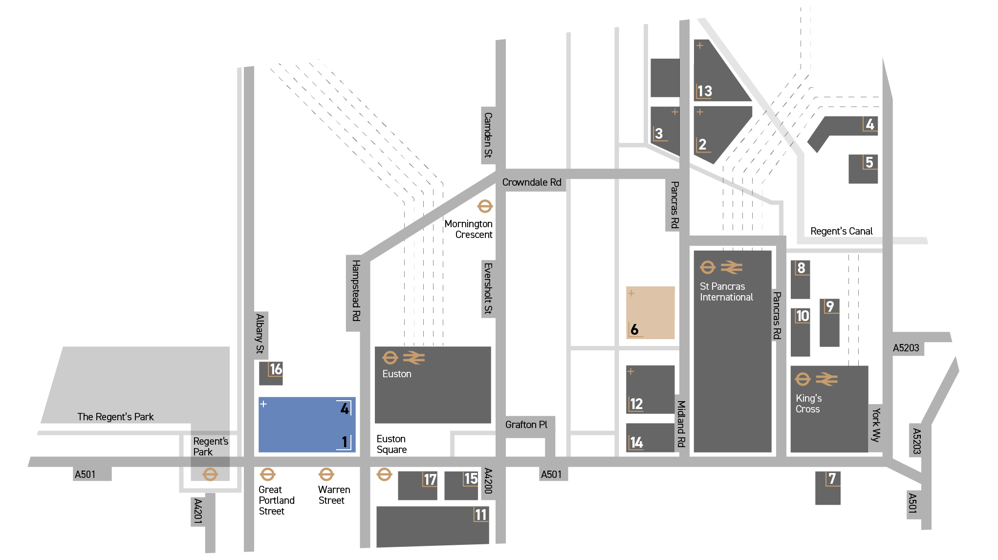 Map of the Westminster area showing streets, parks, and landmarks including Great Portland Street, Warren Street, Euston, King's Cross, and Regents Park, with various numbered points of interest.