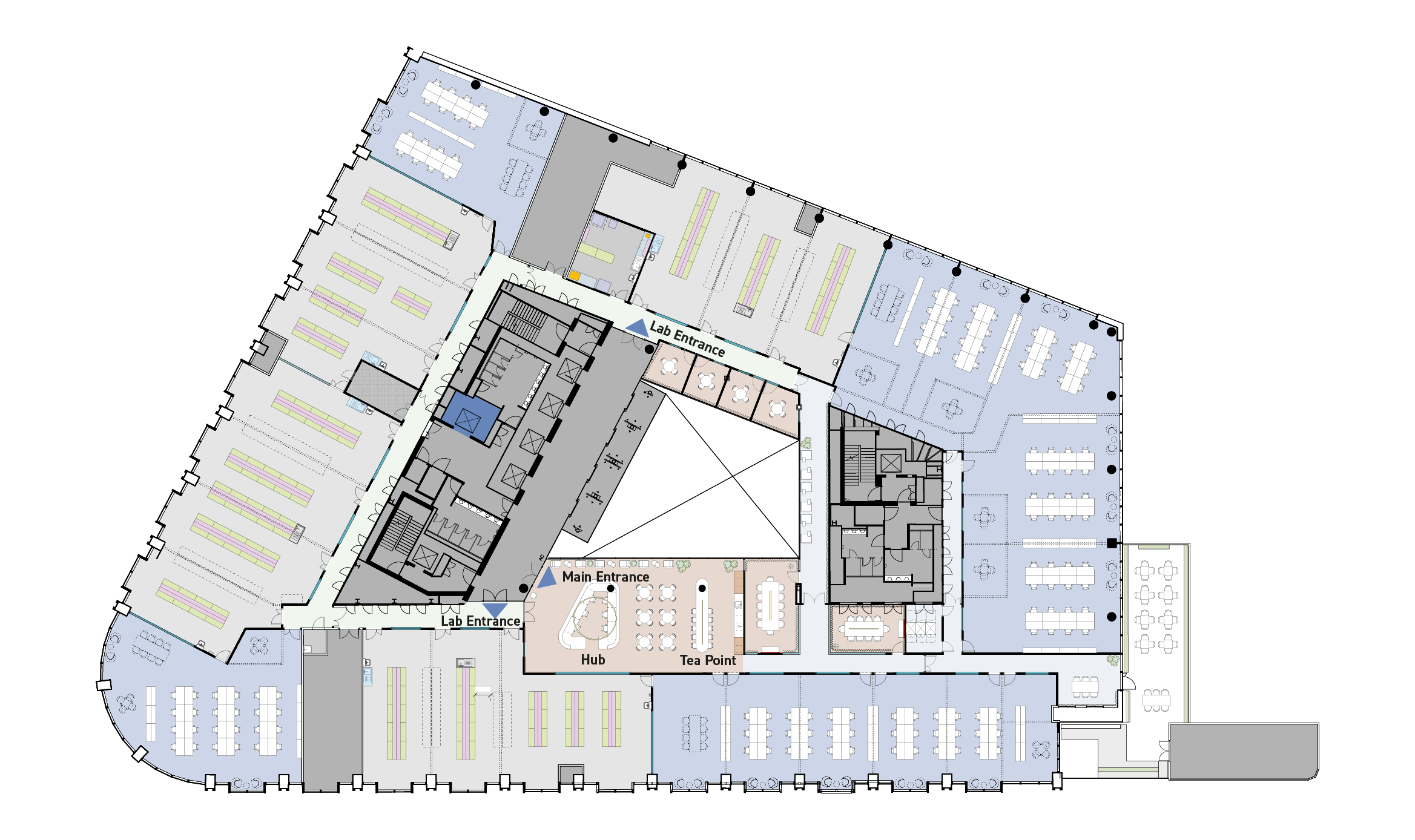 Floor plan of a building with labeled sections including main entrance, lab entrances, hub, and tea point area, with various rooms, offices, and open workspace areas.