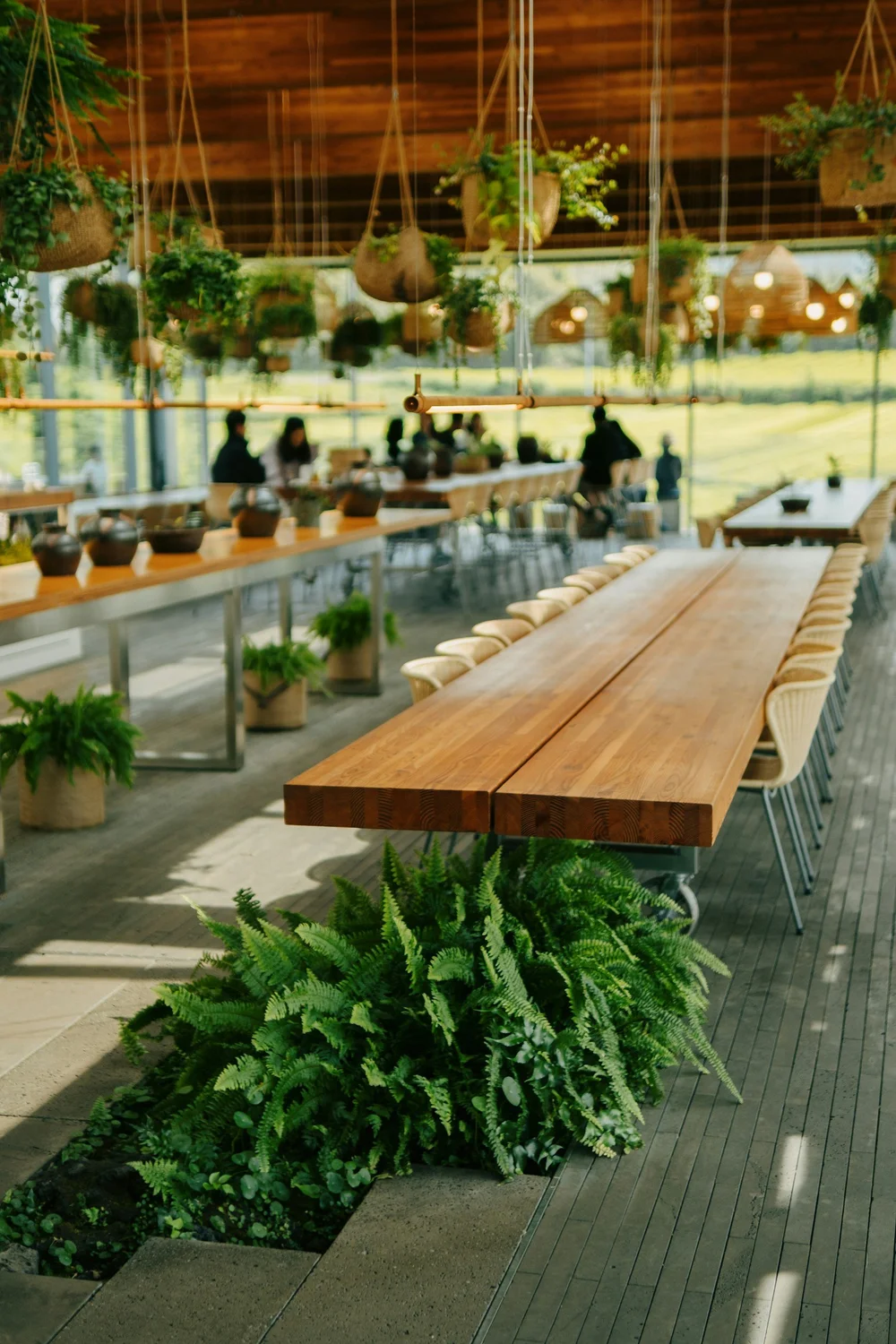 A long wooden table where people gather