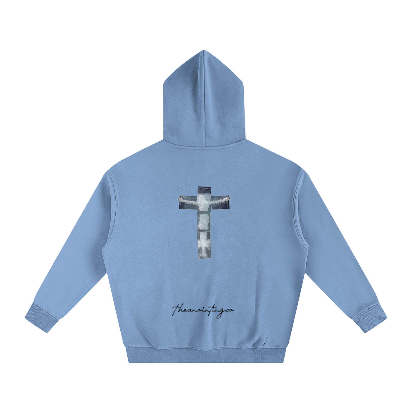 Blue Transform hoodie, back with the printed cross design