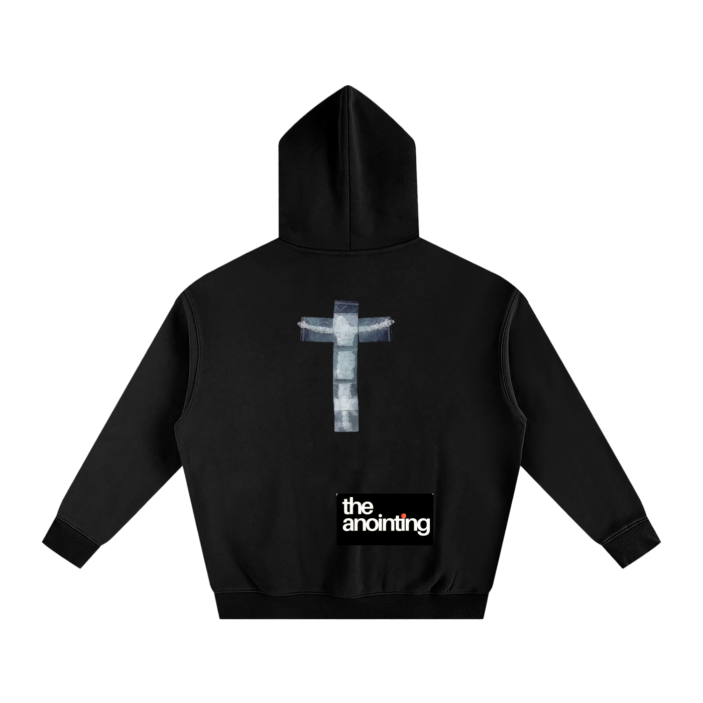 Black Transform hoodie, back with the printed cross design