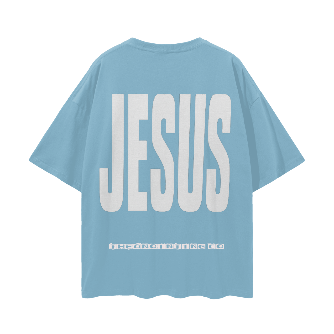 Blue Jesus tee, back with large JESUS lettering