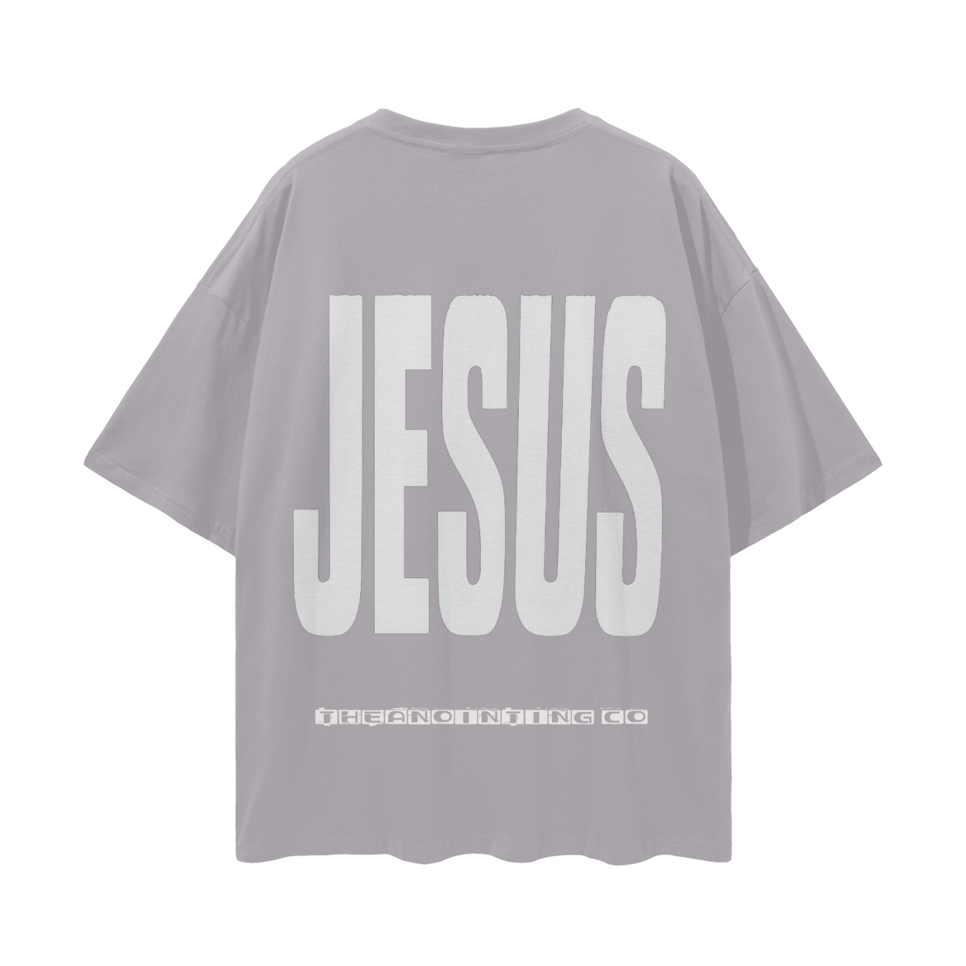 Gray Jesus tee, back with large JESUS lettering