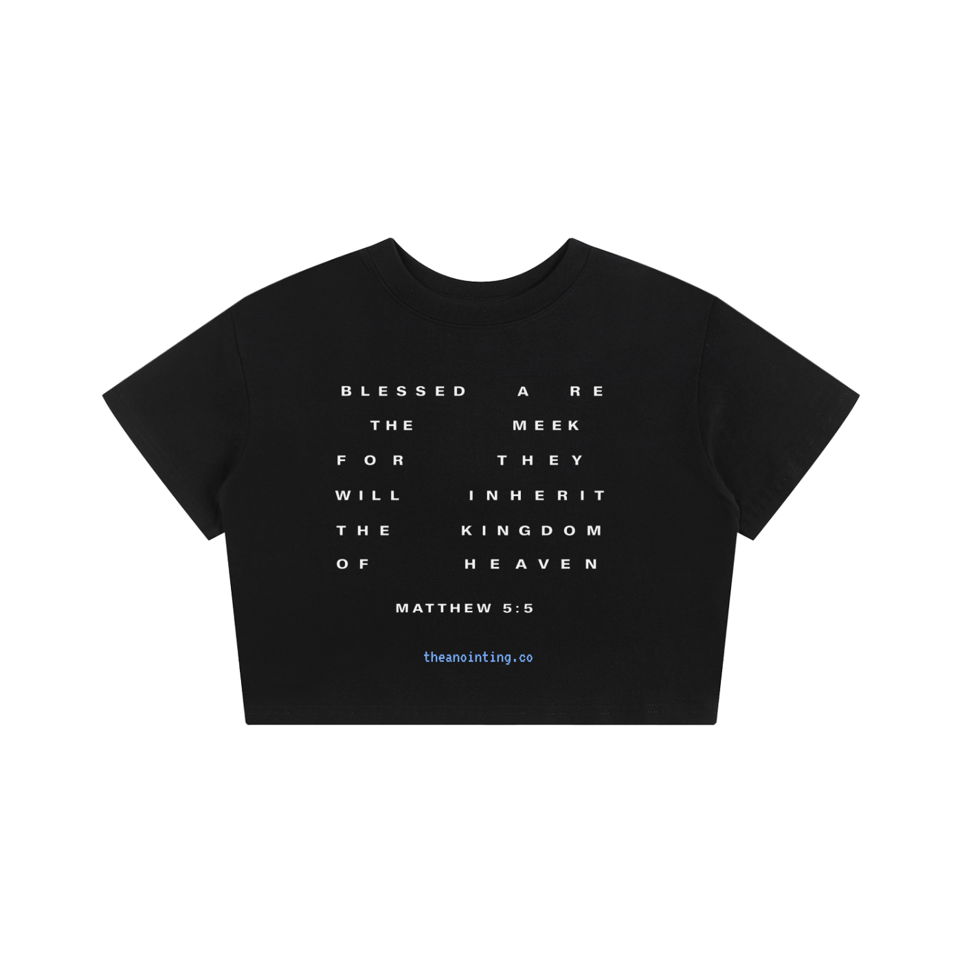 Black Blessed Are the Meek crop tee, front with the printed design