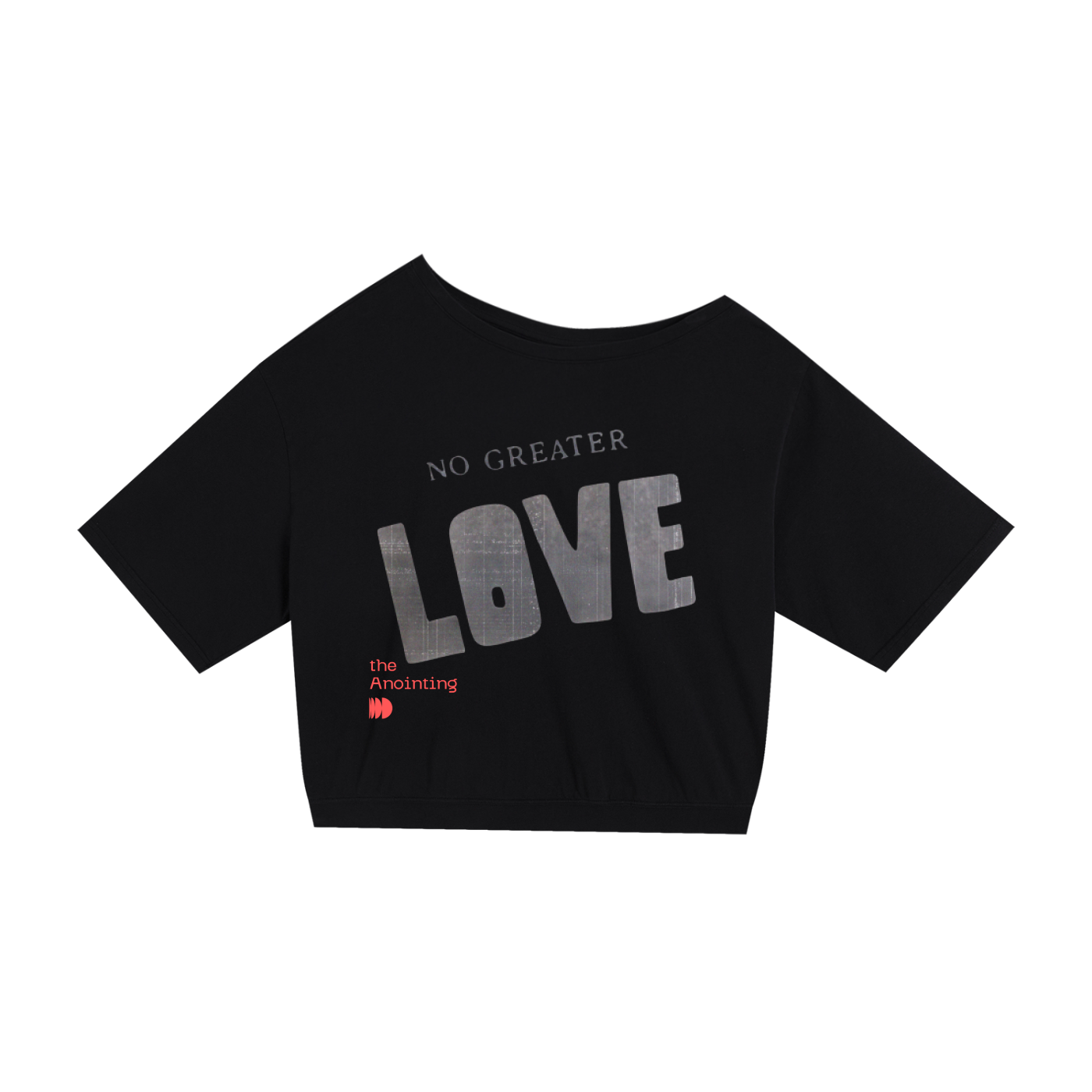 Black No Greater Love crop tee, front with the printed LOVE design