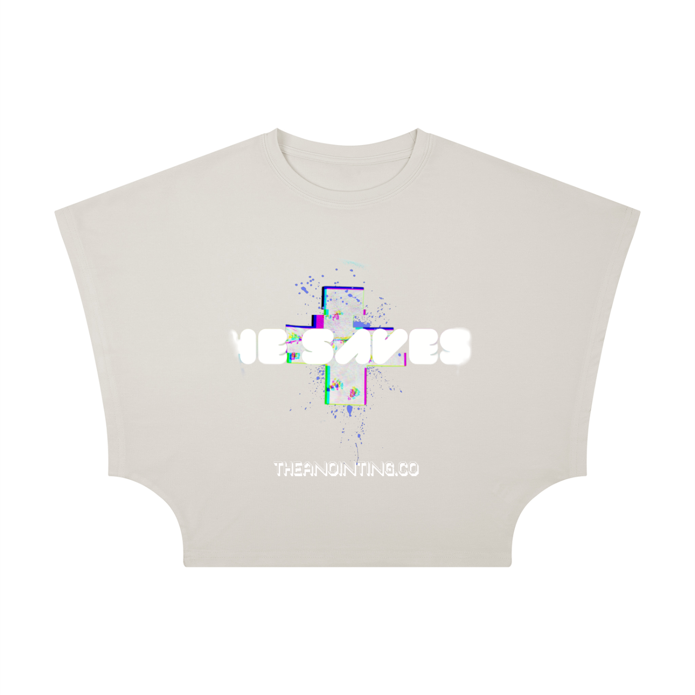 Stone He Saves crop tee, front with the printed design