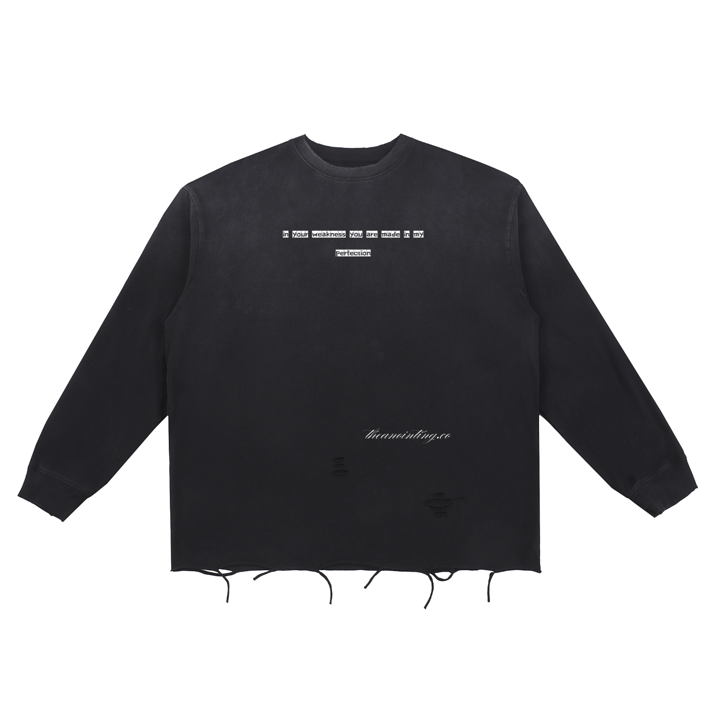 Black Perfection long sleeve tee, front with the printed design