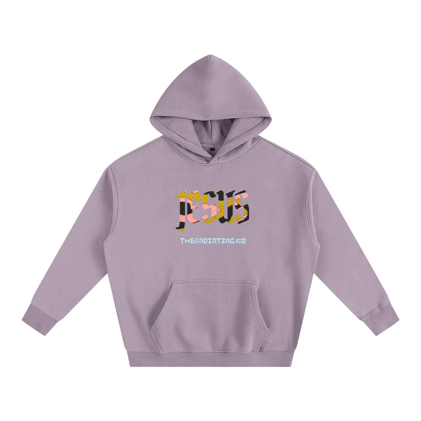 Lilac Jesus hoodie, front with the printed design