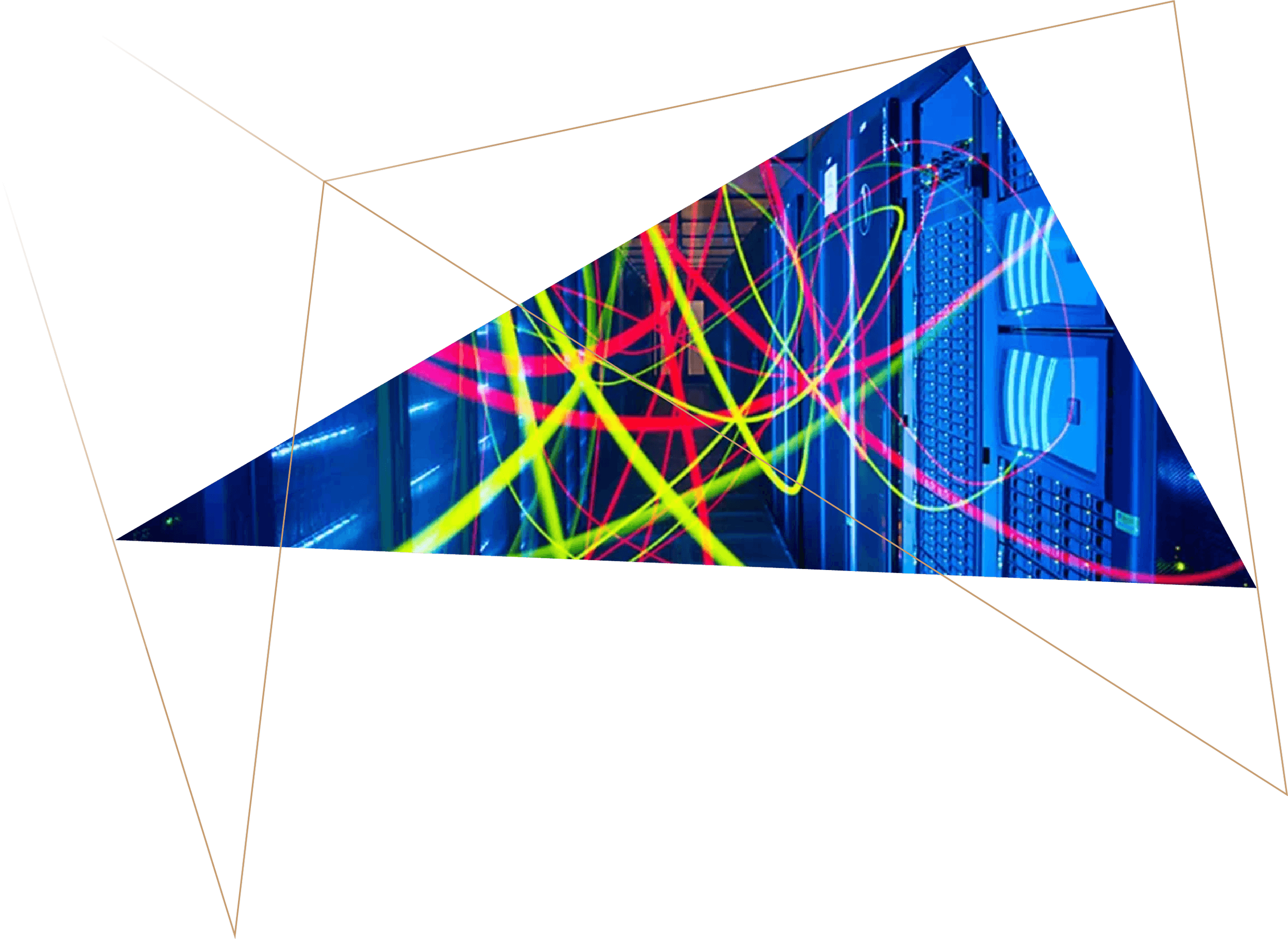 A 3D rendering of a computer server room with colorful neon light trails.