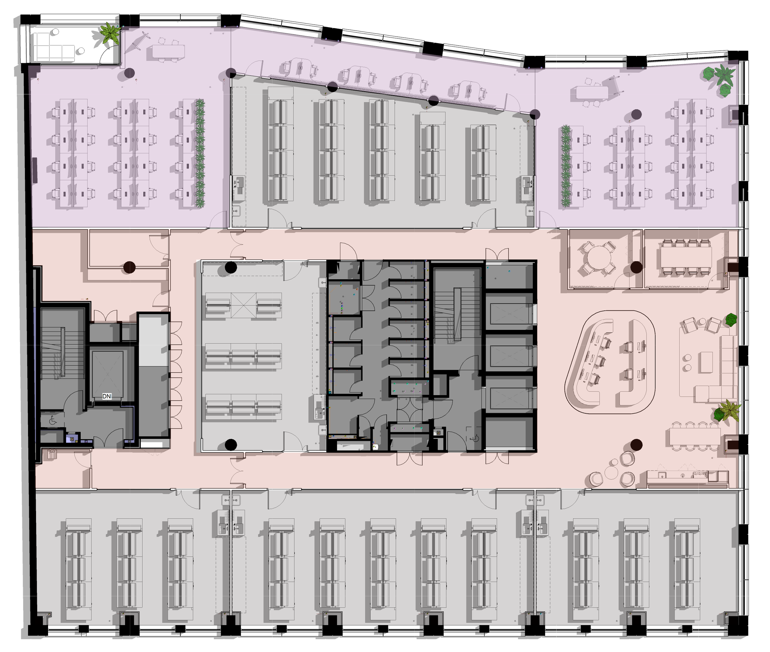 Floor plan of an office building with multiple rooms, conference areas, workspaces, and including some seating areas and plants.