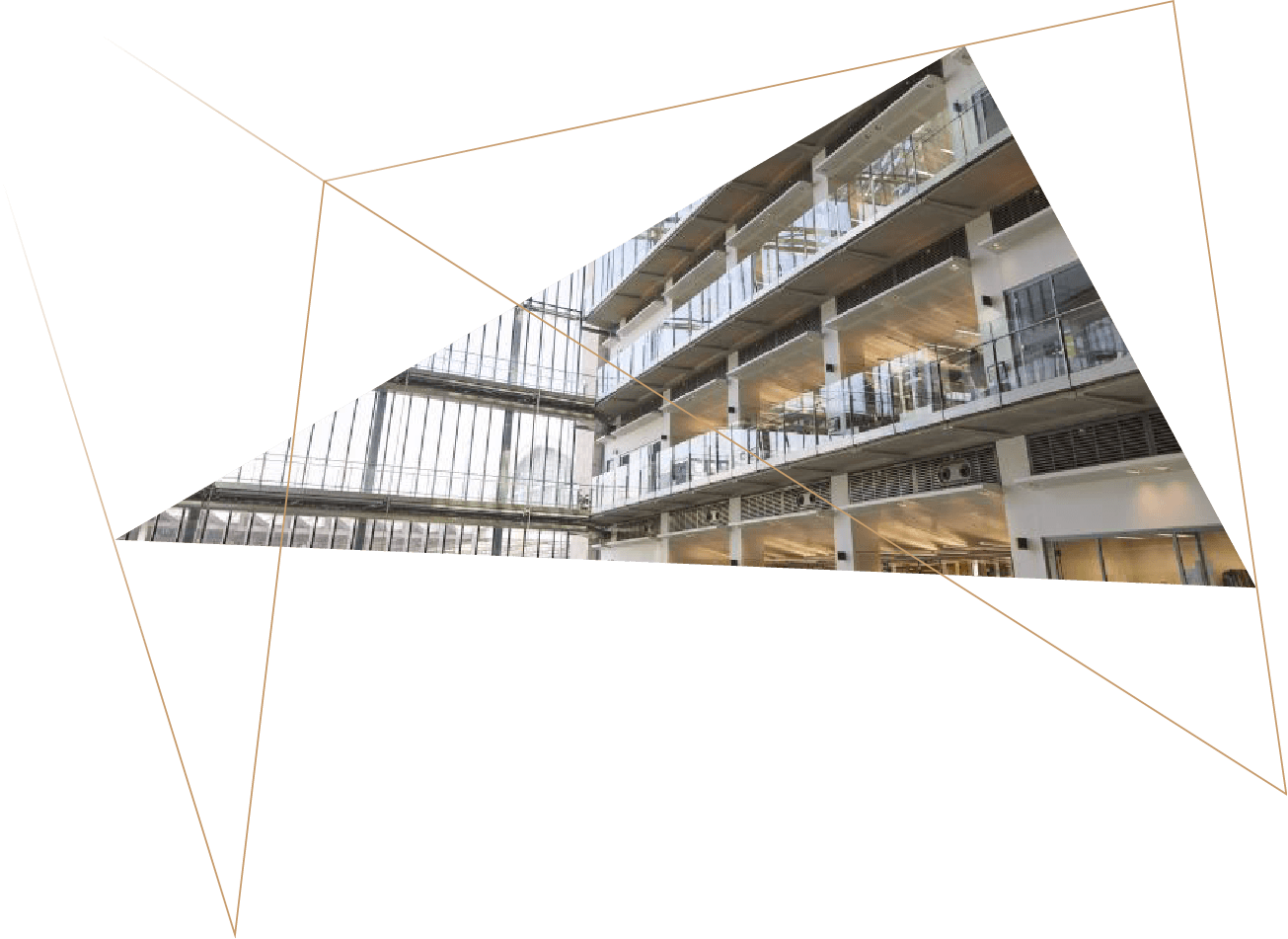 Interior of a modern multi-story office building with glass walls, open workspaces, and visible outdoor cityscape through large windows.