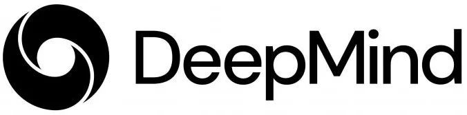 DeepMind logo with black stylized swirl icon and black text on white background.