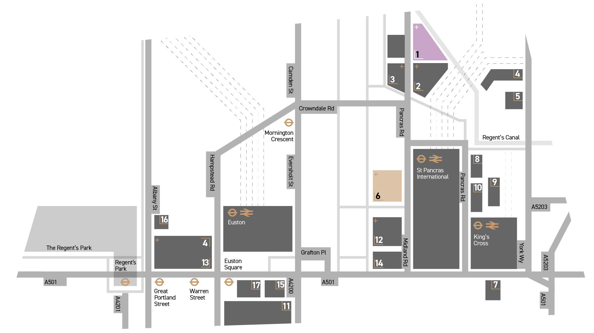 Map of a city area showing streets, landmarks, and transportation symbols, including Euston Station, King's Cross Station, and nearby roads and waterways.