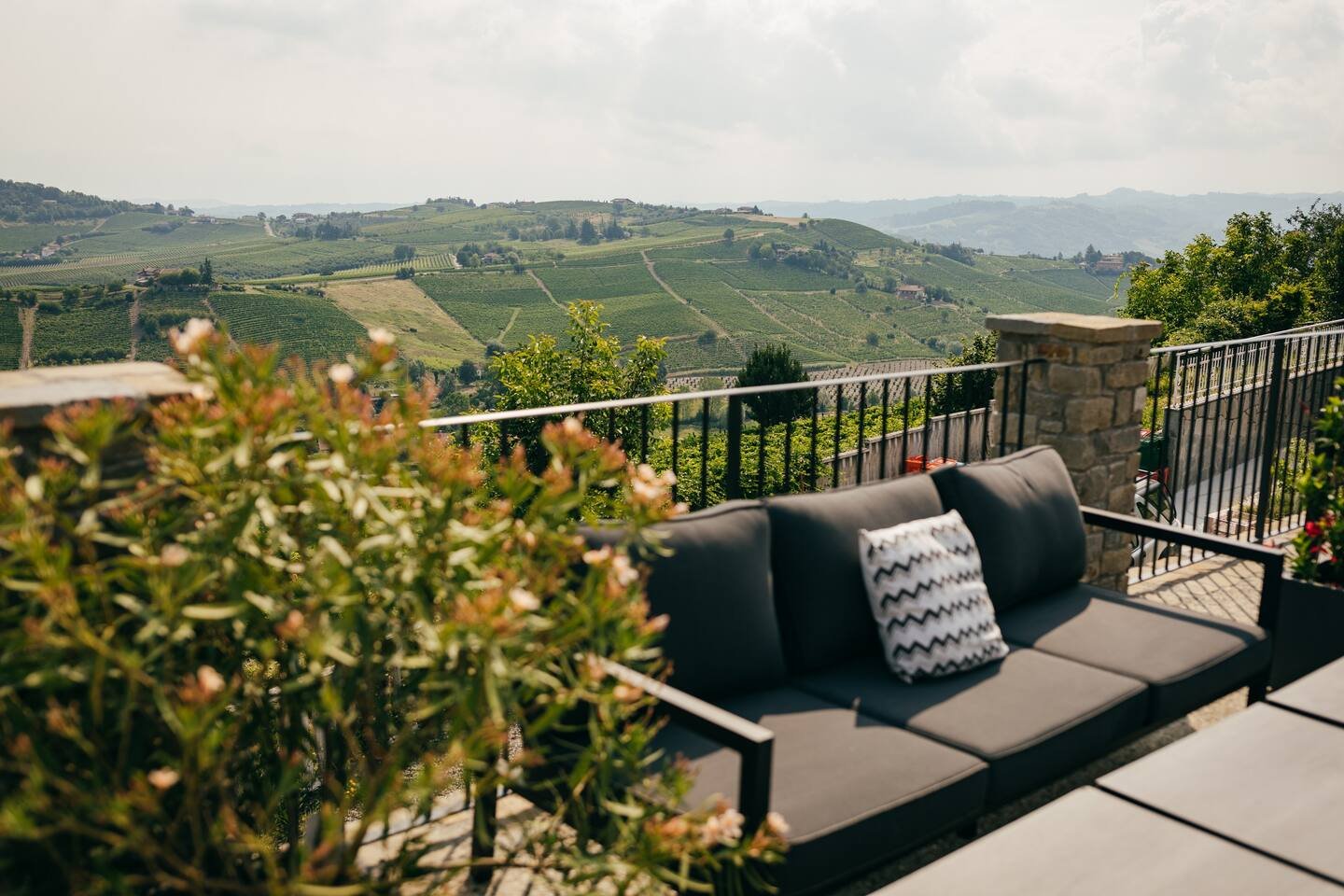Scenic vineyard landscape with outdoor seating