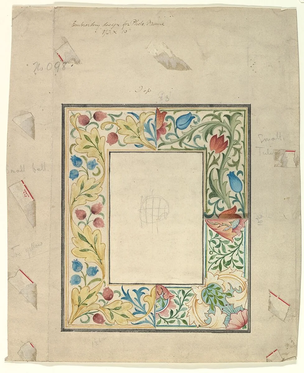 Watercolor sketches by Augustus Pugin and William Morris from the mid to late 1800s, such as this embroidery design for a frame, No. 098 by Morris & Company. The Metropolitan Museum, New York. 