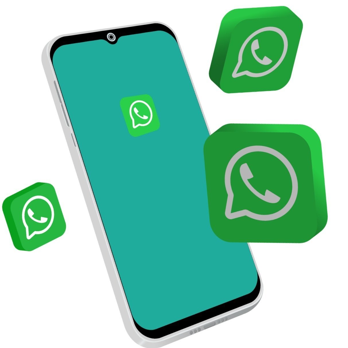 Smartphone with the WhatsApp icon on the screen, surrounded by multiple 3D WhatsApp icons.
