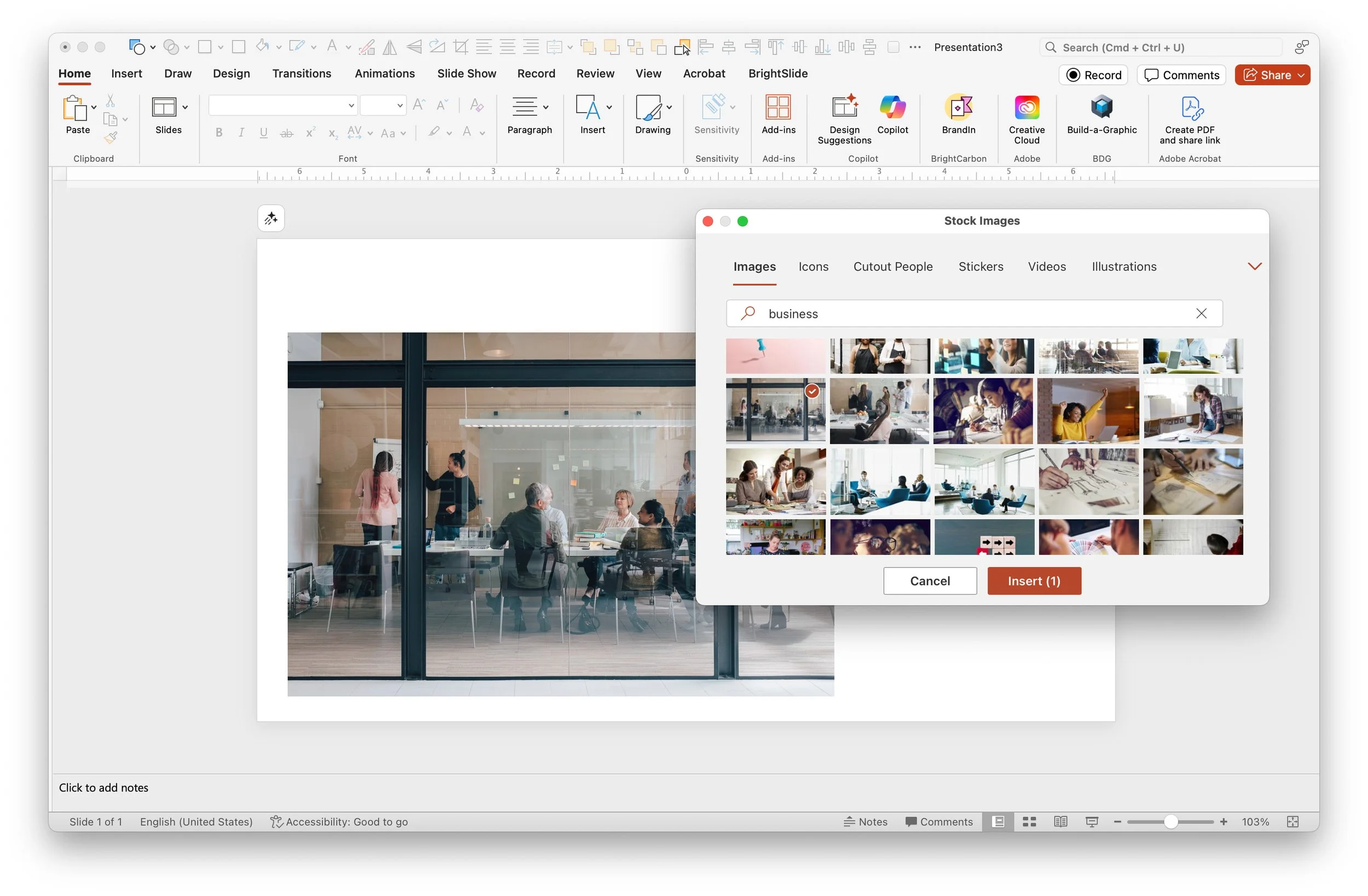 UI of PowerPoint showing the image search and insert popup