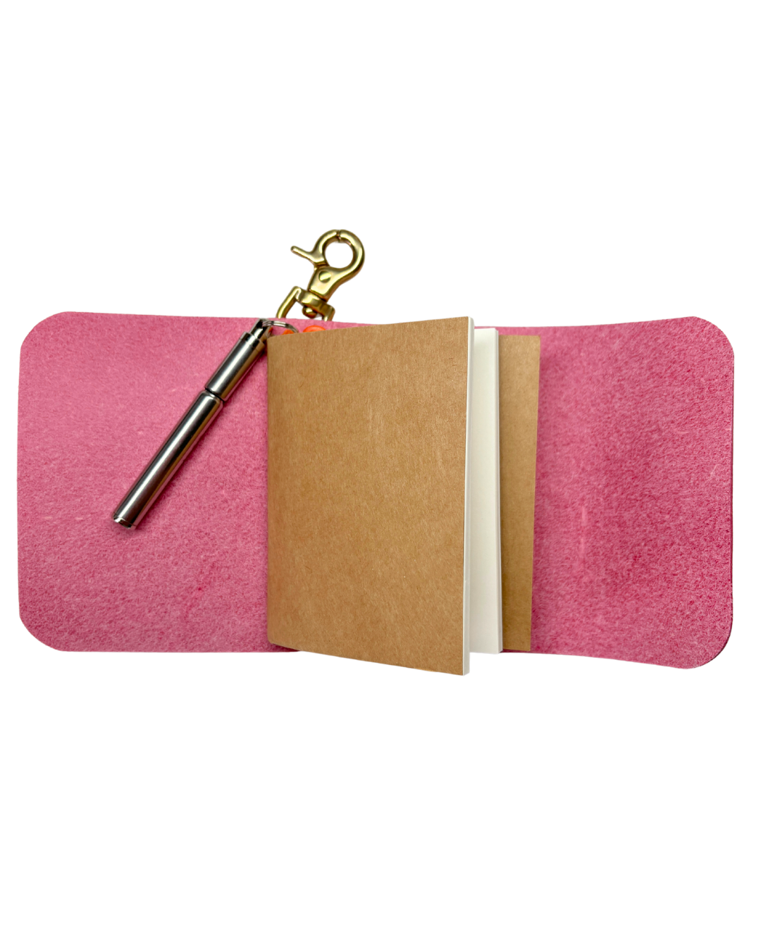 Mini A9 leather journal with retractable telescopic pen and brass trigger hook