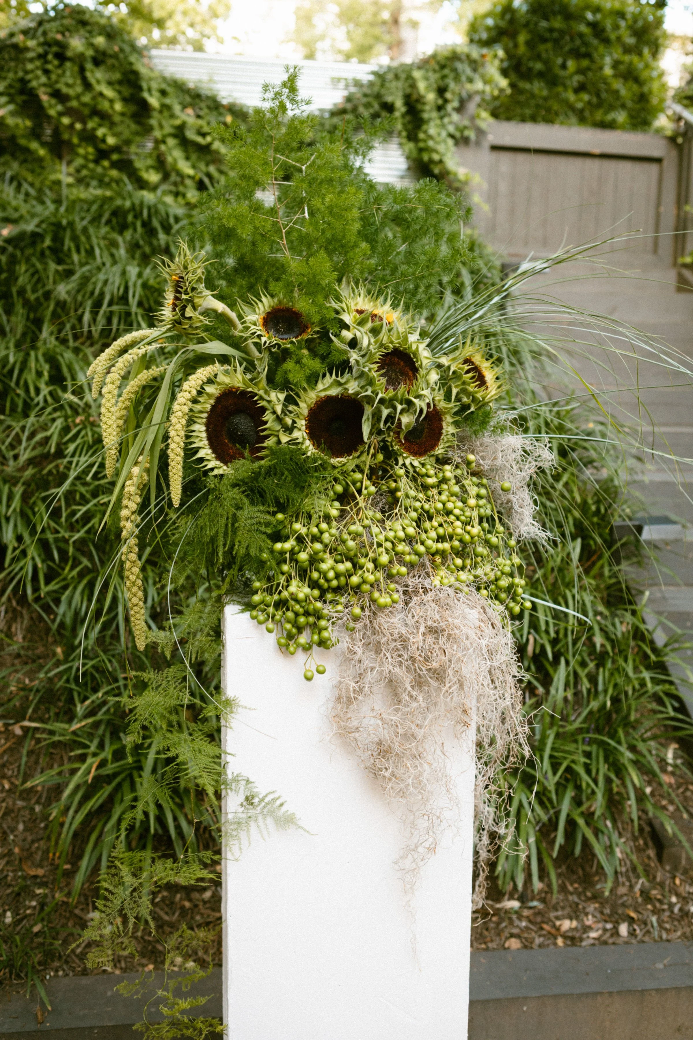 Floral arrangement of sunflowers, greenery, and moss on a white pedestal outdoors.