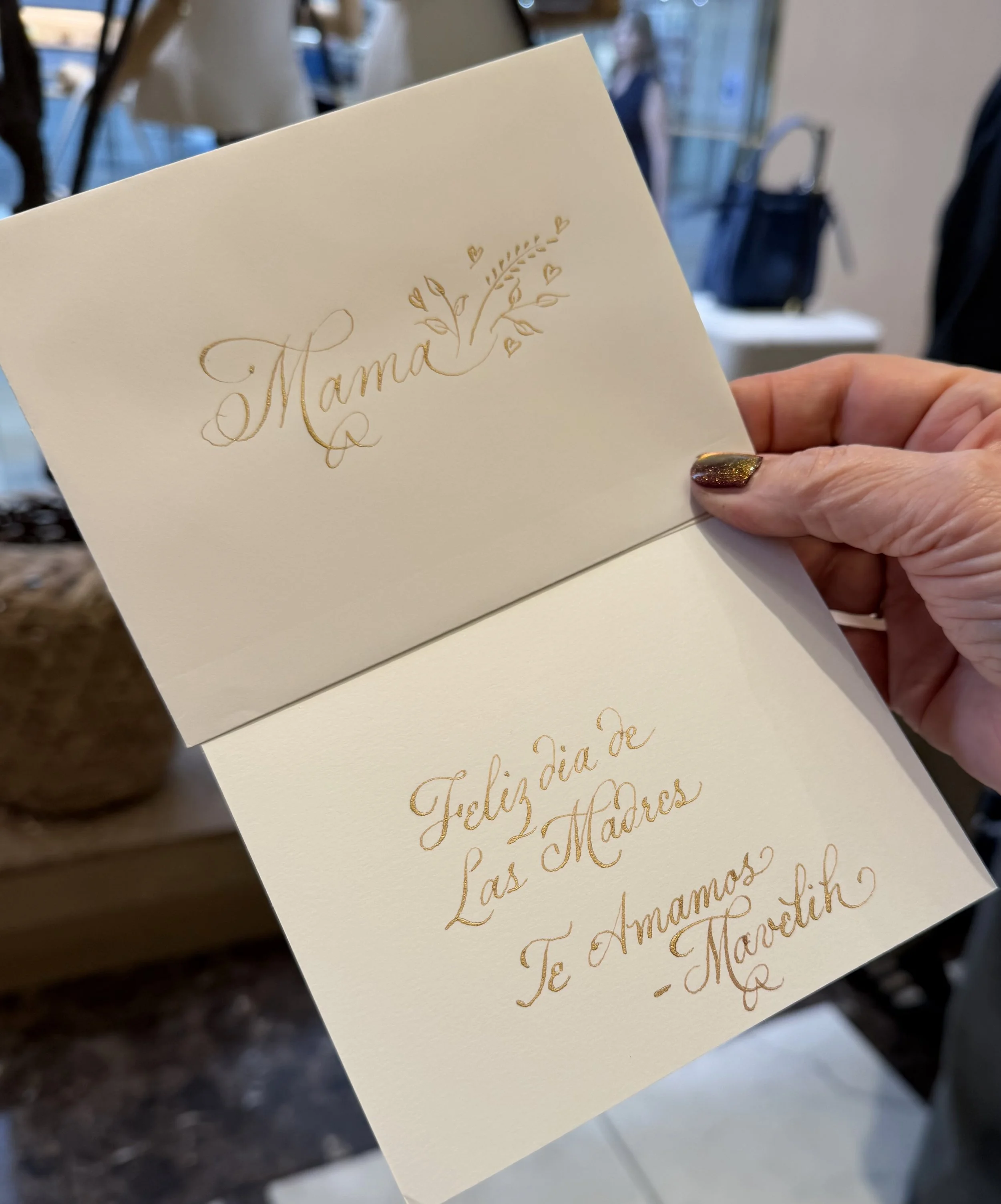 Calligraphy by Susan of Susan Houseman Designs for Mother’s Day at Tory Burch here in Las Vegas.  