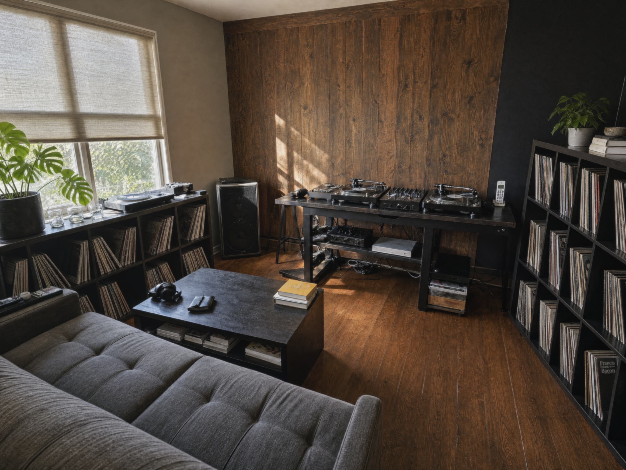 A before photo showing the original home DJ setup with visible cables, improvised furniture, and an unstable turntable and mixer arrangement.