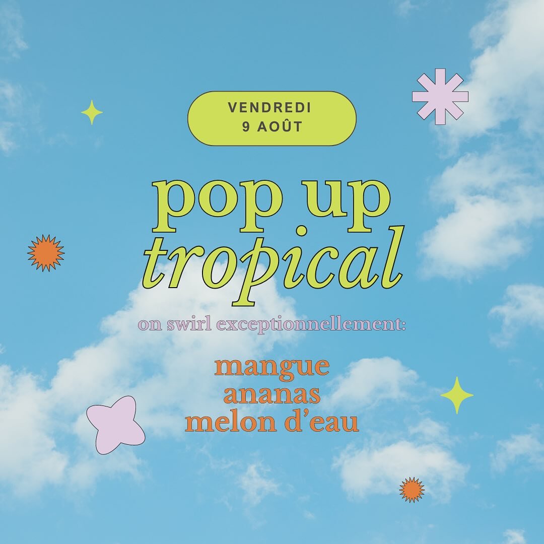 Temp&ecirc;te tropicale = On swirl des fruits tropicaux AUJOURD&rsquo;HUI *vendredi* seulement! 🌧️🌀👋

🥭 Mangue
🍍 Ananas
🍉 Melon d&rsquo;eau

🌴🌴🌴🌴🌴🌴

Tellement CR&Eacute;MEUX 🤤 Manque pas ta chance d&rsquo;y go&ucirc;ter!