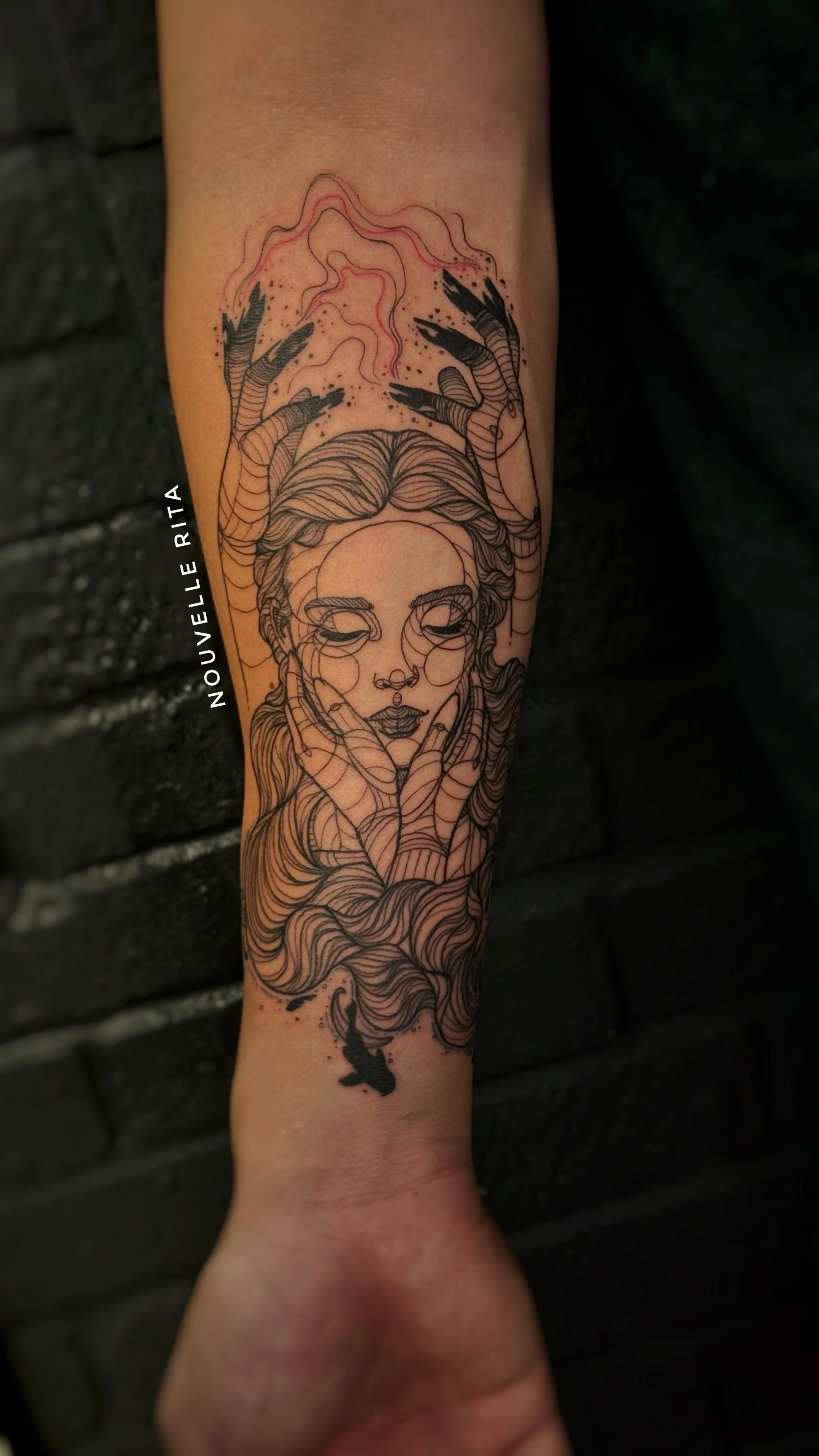 A woman with hands clasping her own face and another pair of hands whose fingertips are burnt, place an imaginary crown on her head. Her hair turns into water and fish swim through it.