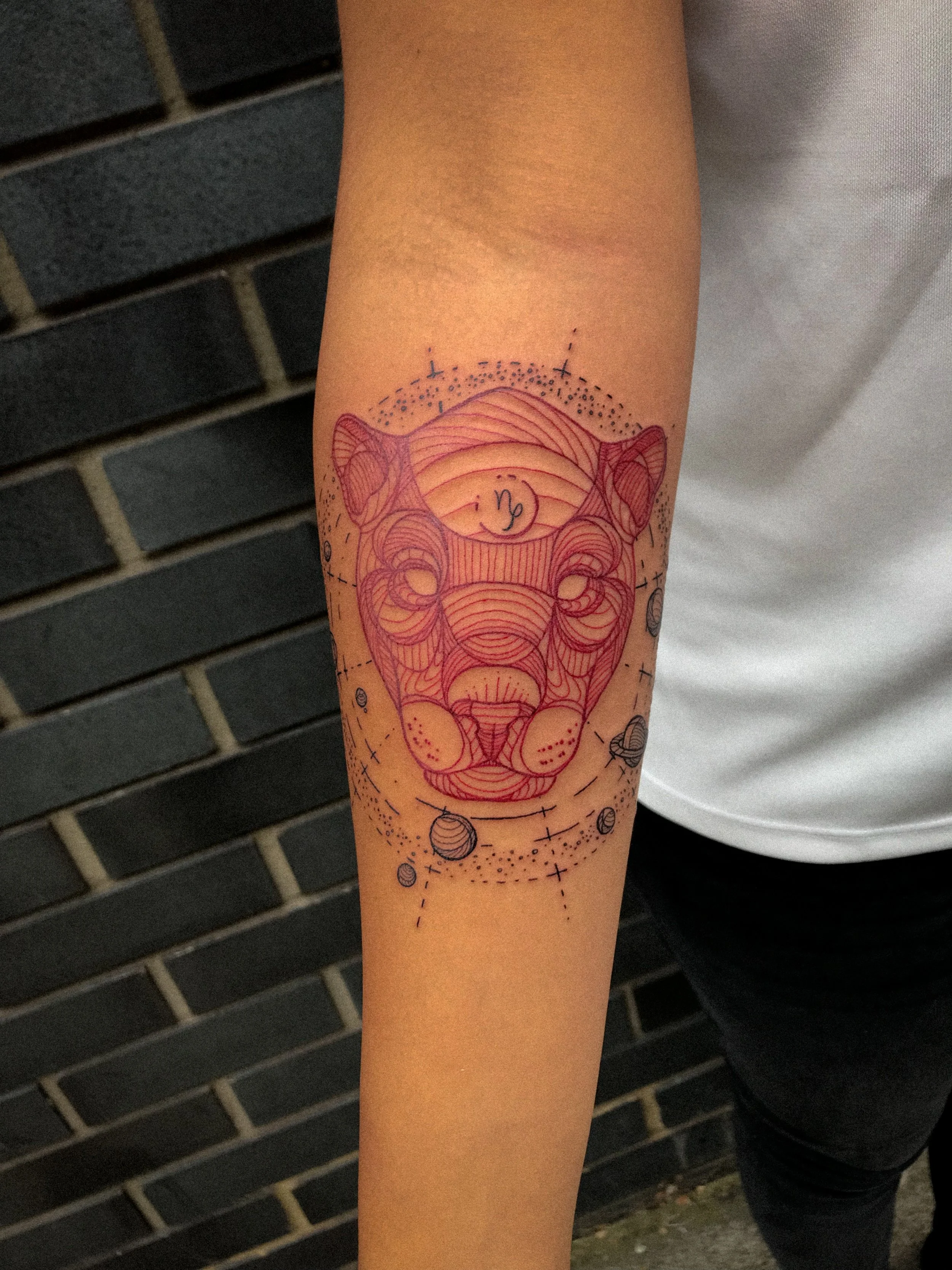 Panther in red ink amidst planets and with the Scorpio symbol