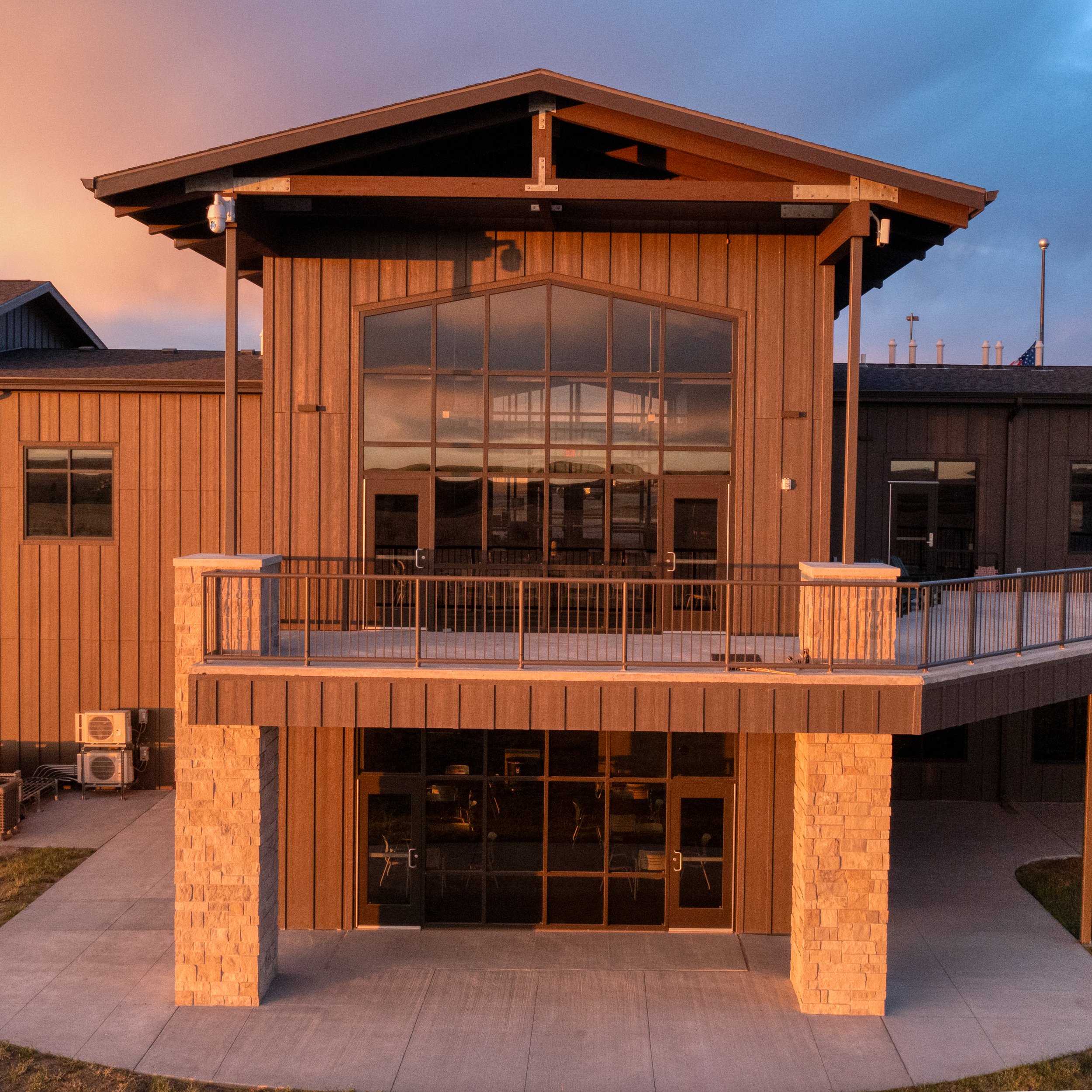 Aerial photograph of building at sunrise.