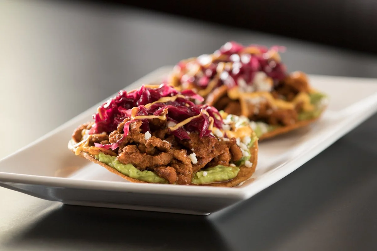 image of two tostadas with red cabbage, shot by commercial photographer Corey Rourke
 