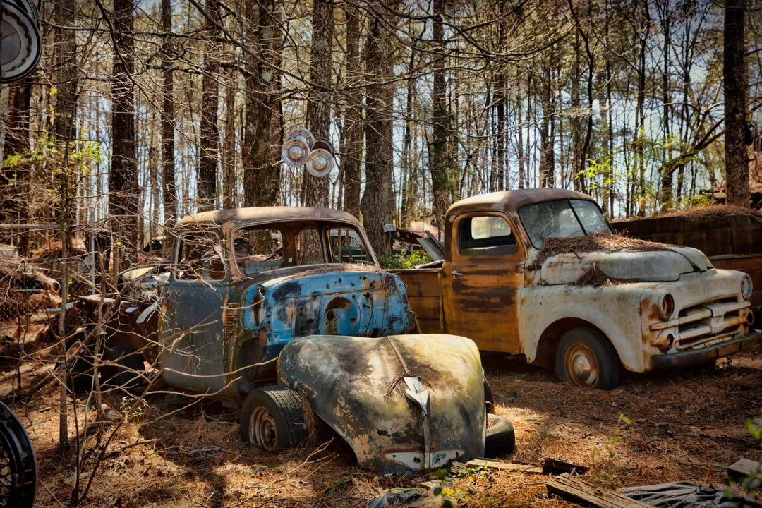 image of two old trucks in the a forest