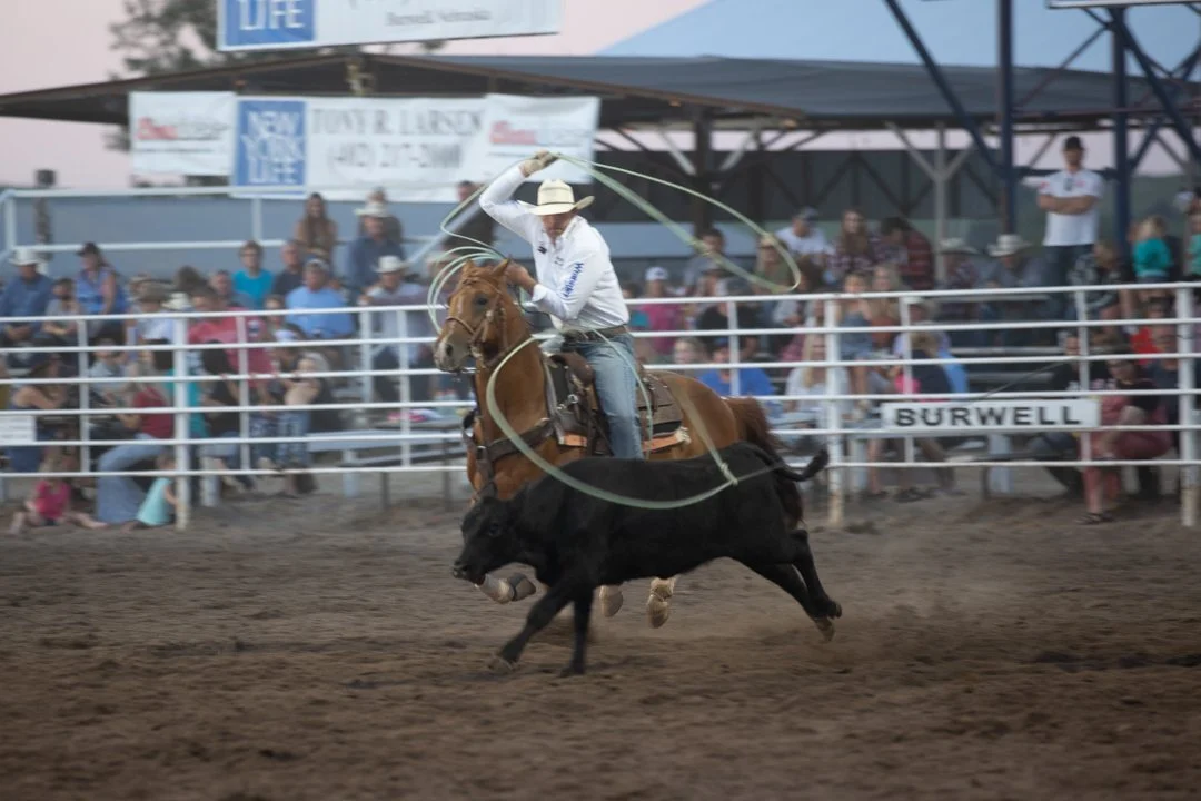 cowboy riding a horse while roping a calf, shot by commercial photographer Corey Rourke

