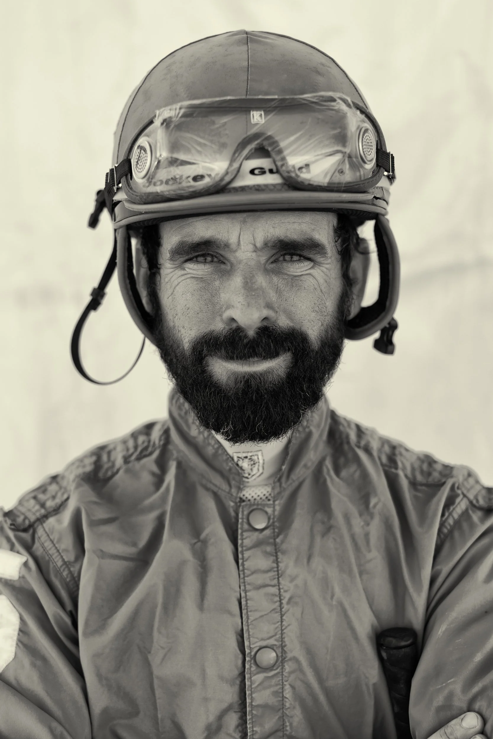 Horse jockey portrait in black & white