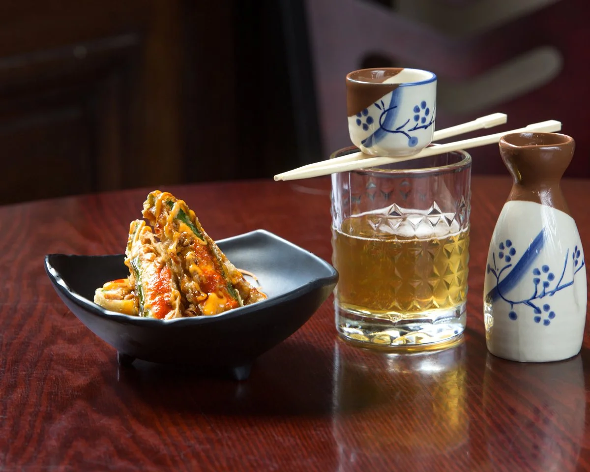 food image of asian appetizer with a sake and glasses, shot by commercial photographer Corey Rourke

