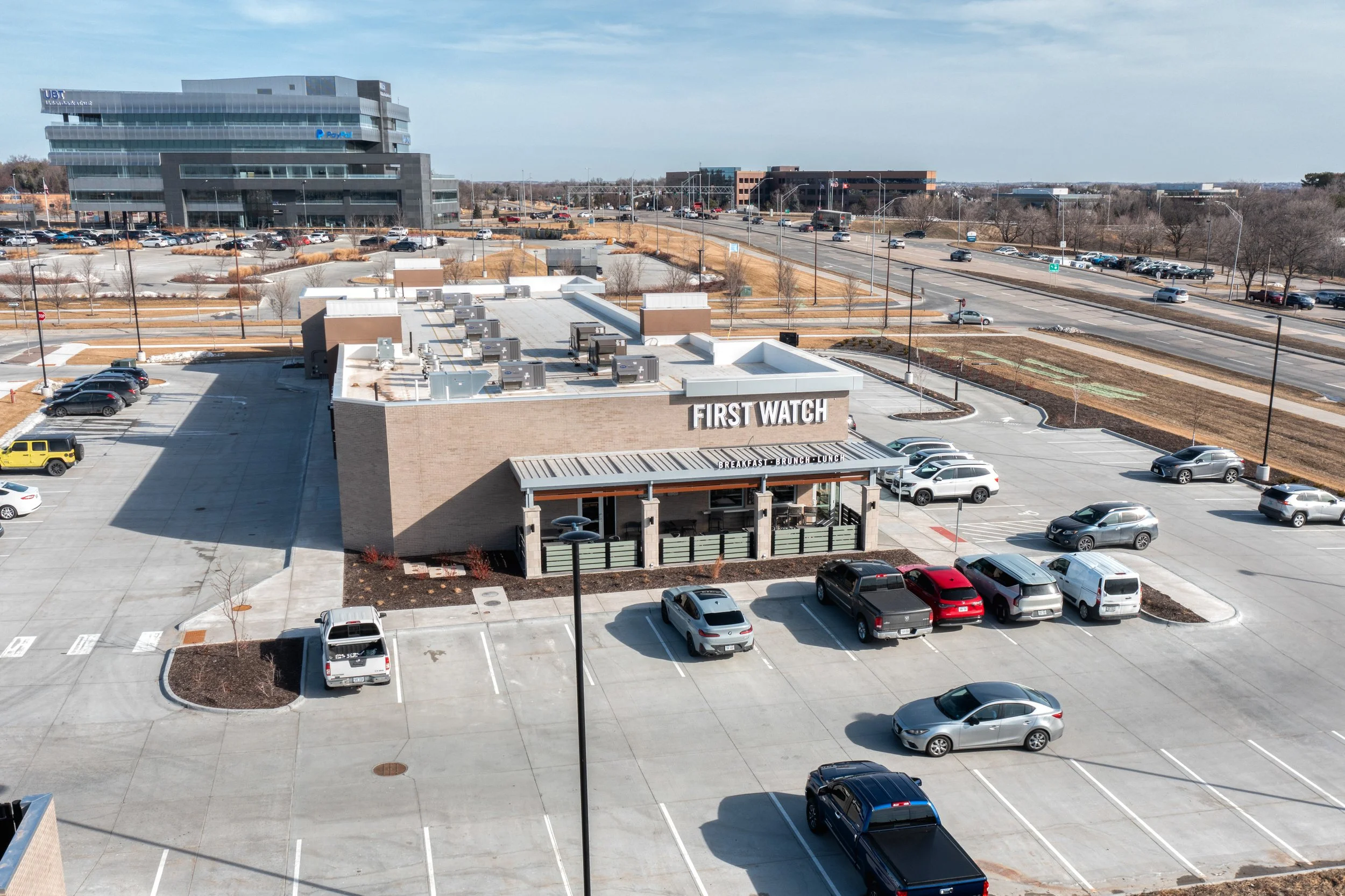 Aerial photograph of restaurant.
