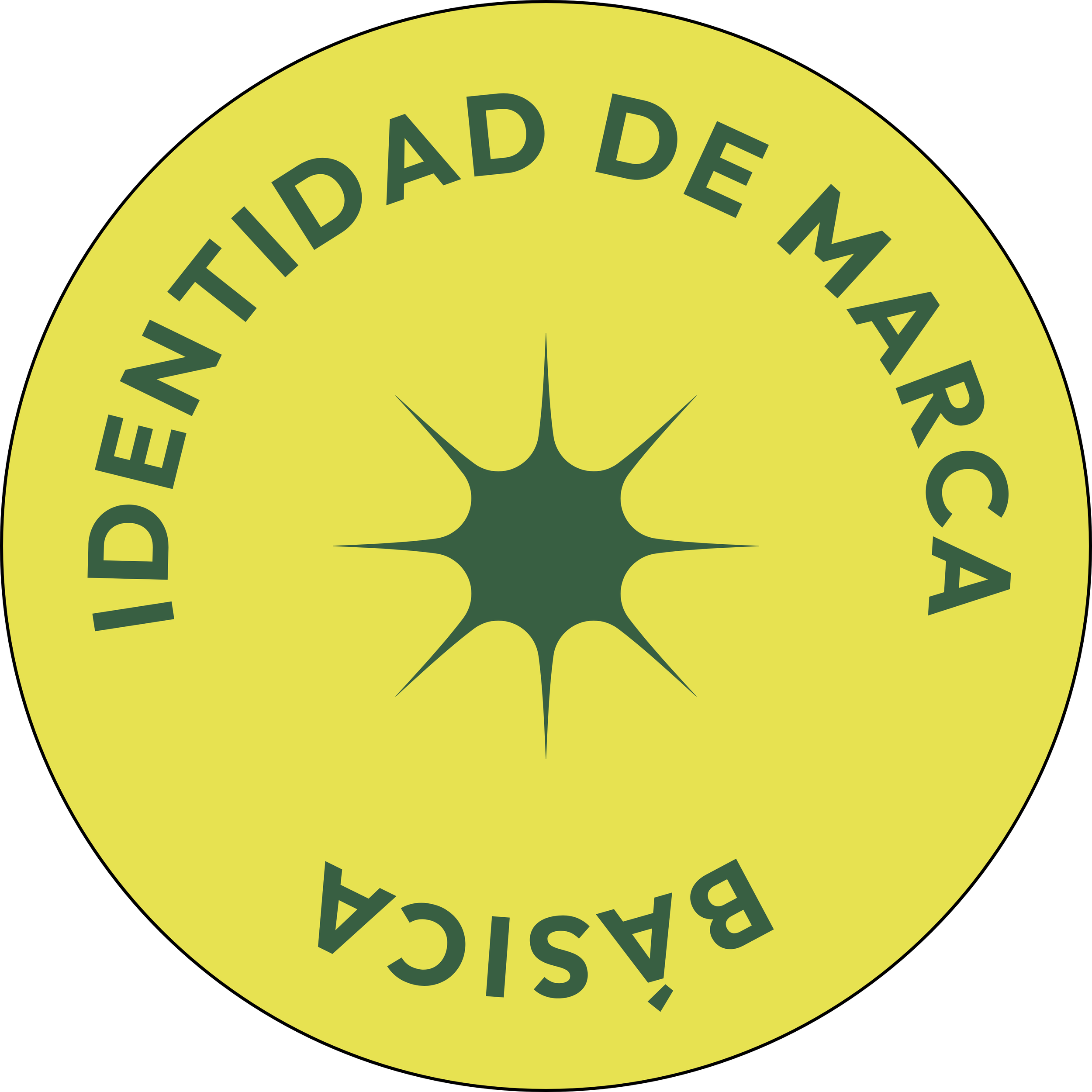 Logotipo circular de color amarillo con texto en verde oscuro que dice 'BAD DE. Again', con un diseño de estrella en el centro que también está en verde oscuro.