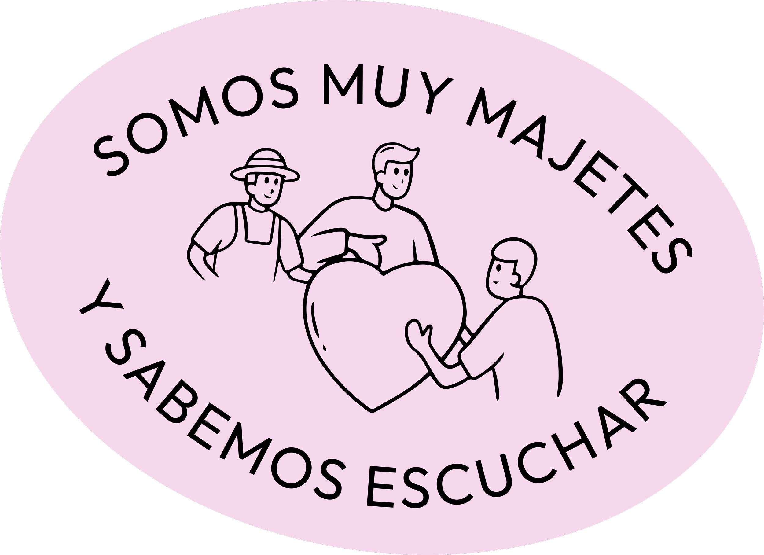 Ilustración en colores pastel con varias personas, incluyendo a un niño, saludando y con un gran corazón, rodeadas de texto en español que dice "Somos muy, muy, majaret, los mejores, porque nos escuchan".