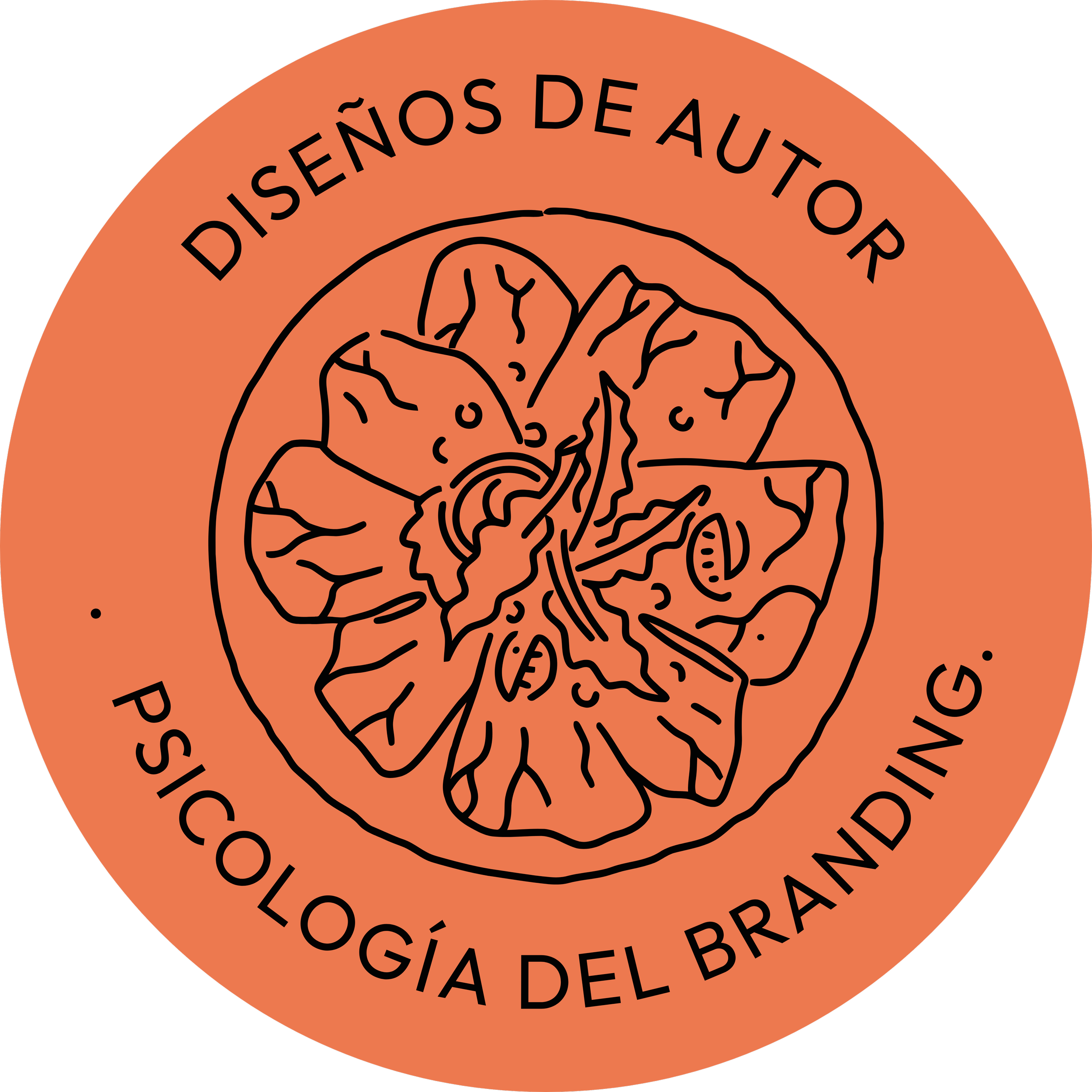 Ilustración de un cerebro con líneas que representan su estructura, rodeado por un círculo anaranjado con texto en español que dice 'Disensos de autoorg' y 'Patología del br.'