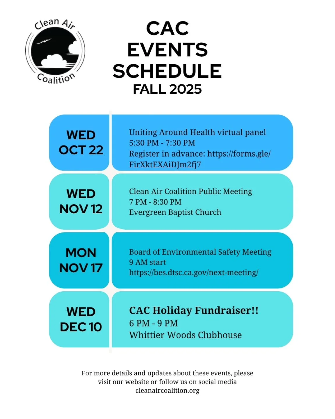Add these dates to your calendar! For more information and updates, please see our Events page on cleanaircoalition.org