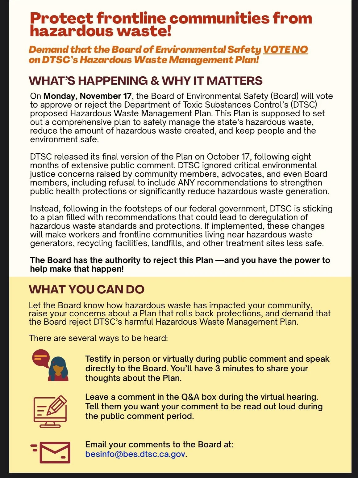 California environmental justice advocates urge the Board of Environmental Safety to reject DTSC&rsquo;s proposed Hazardous Waste Management Plan. Community feedback highlights that the plan lacks strong protections for public health, fails to priori