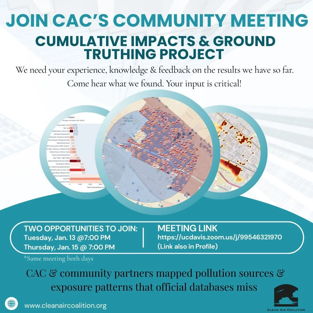 Join Us: Cumulative Impacts and Ground Truthing Community Meeting

Choose your date (Same presentation both nights):
Tuesday, Jan 13 @ 7pm
Thursday, Jan 15 @ 7pm

Both meetings will be held on Zoom: https://ucdavis.zoom.us/j/99546321970

CAC and comm