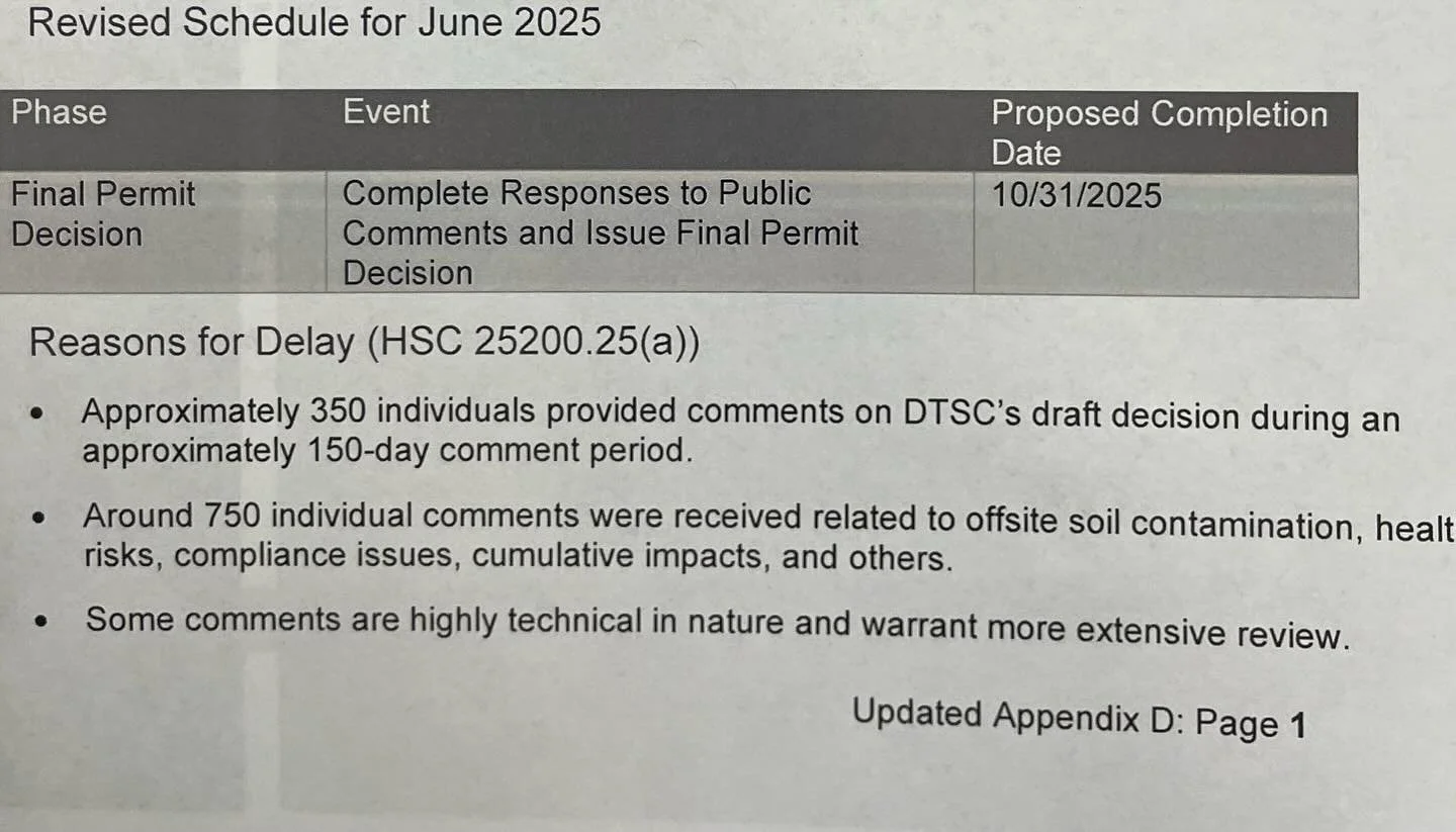 Today the permit decision has been delayed to 10-31-25.

We are frustrated by the continued lack of urgency by DTSC to address the serious harm Ecobat has committed on our community.

But, take solace that the impact of our comments and incredible fo