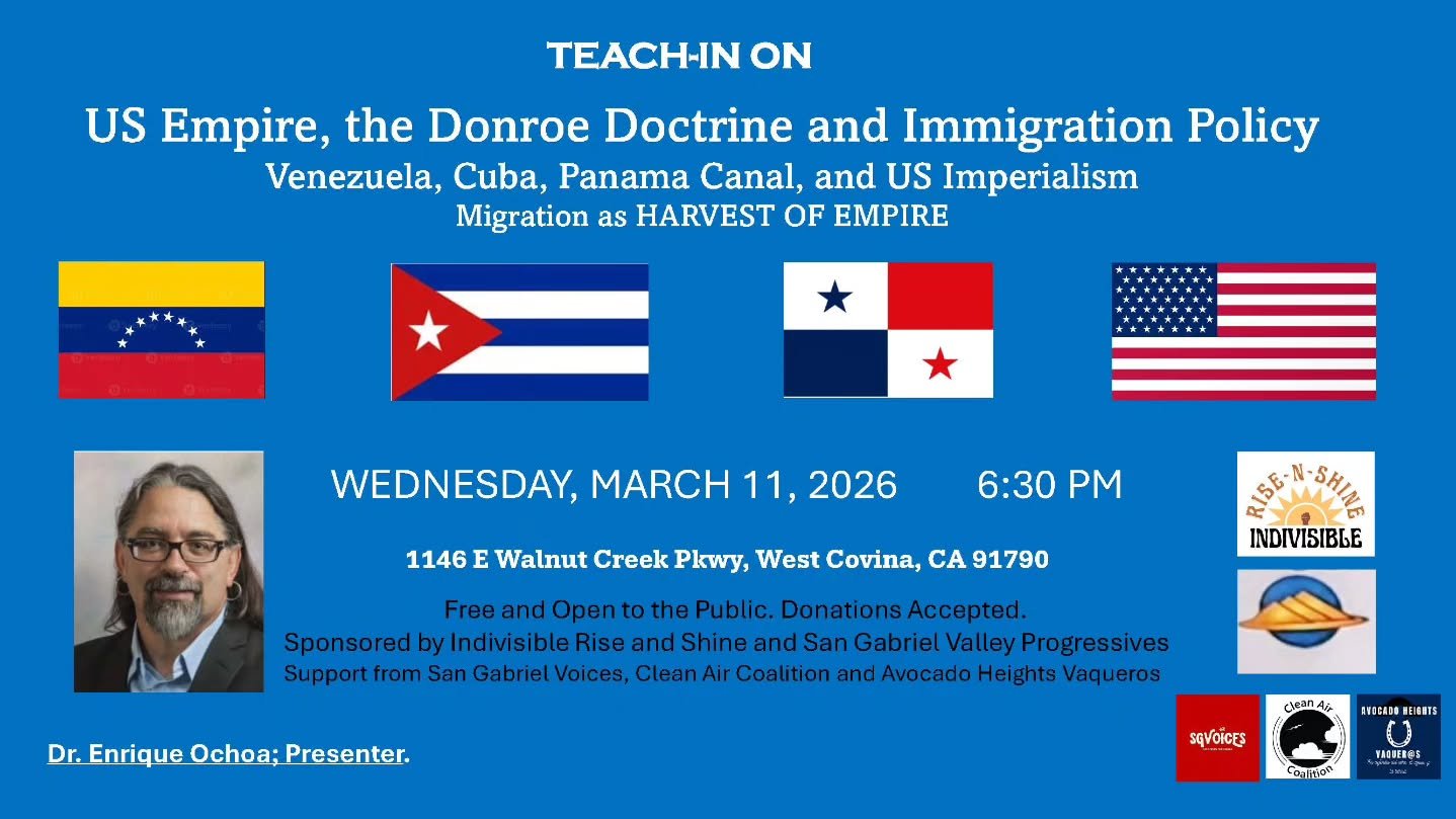 As the U.S. empire continues its brutal rampage against Iran in an all-out war, we invite you to reflect on the larger causes and consequences of regional and global conflicts with historian Dr. Enrique Ochoa. This event is co-sponsored by SGV progre