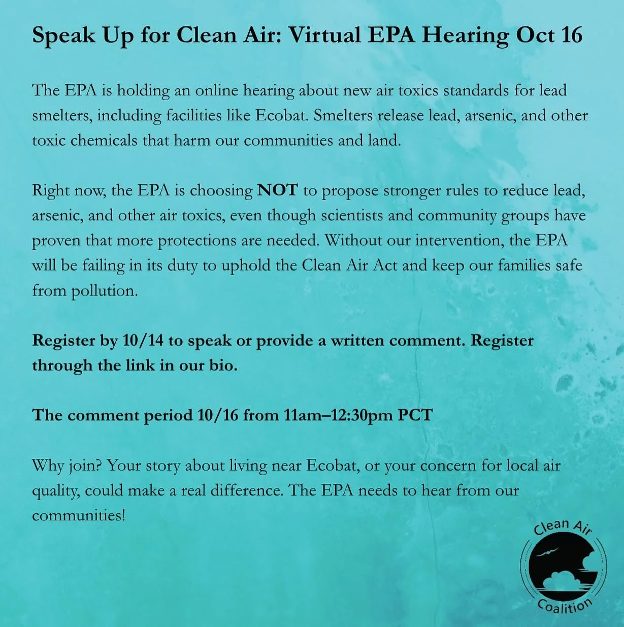 Join us and communities across the US at the virtual EPA hearing on October 16 to voice support for stricter air toxics rules, protecting communities from lead and arsenic pollution from smelters like Ecobat. Register by October 14 to speak or submit