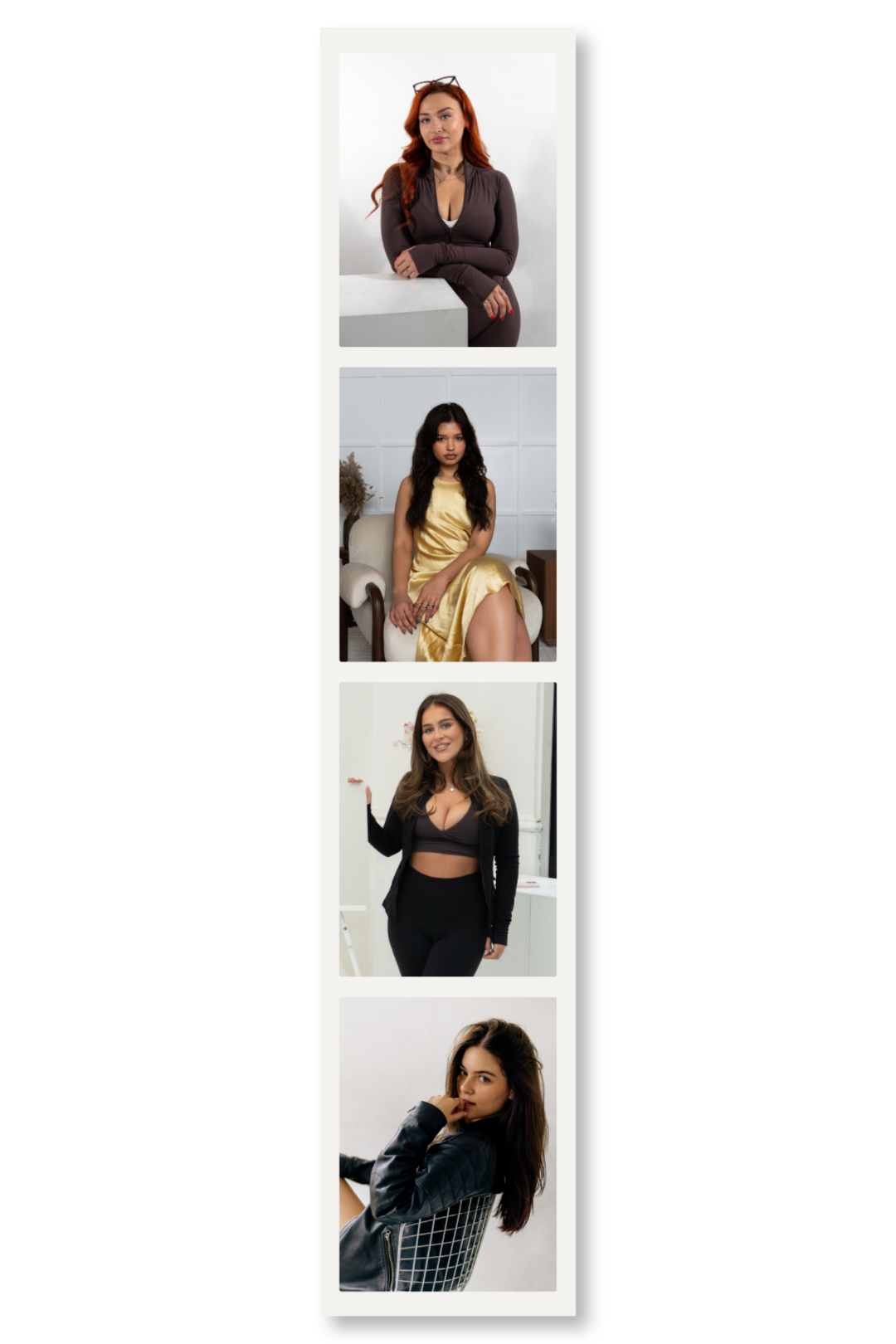 A collage of four women with different hairstyles and outfits, posing in various indoor settings.